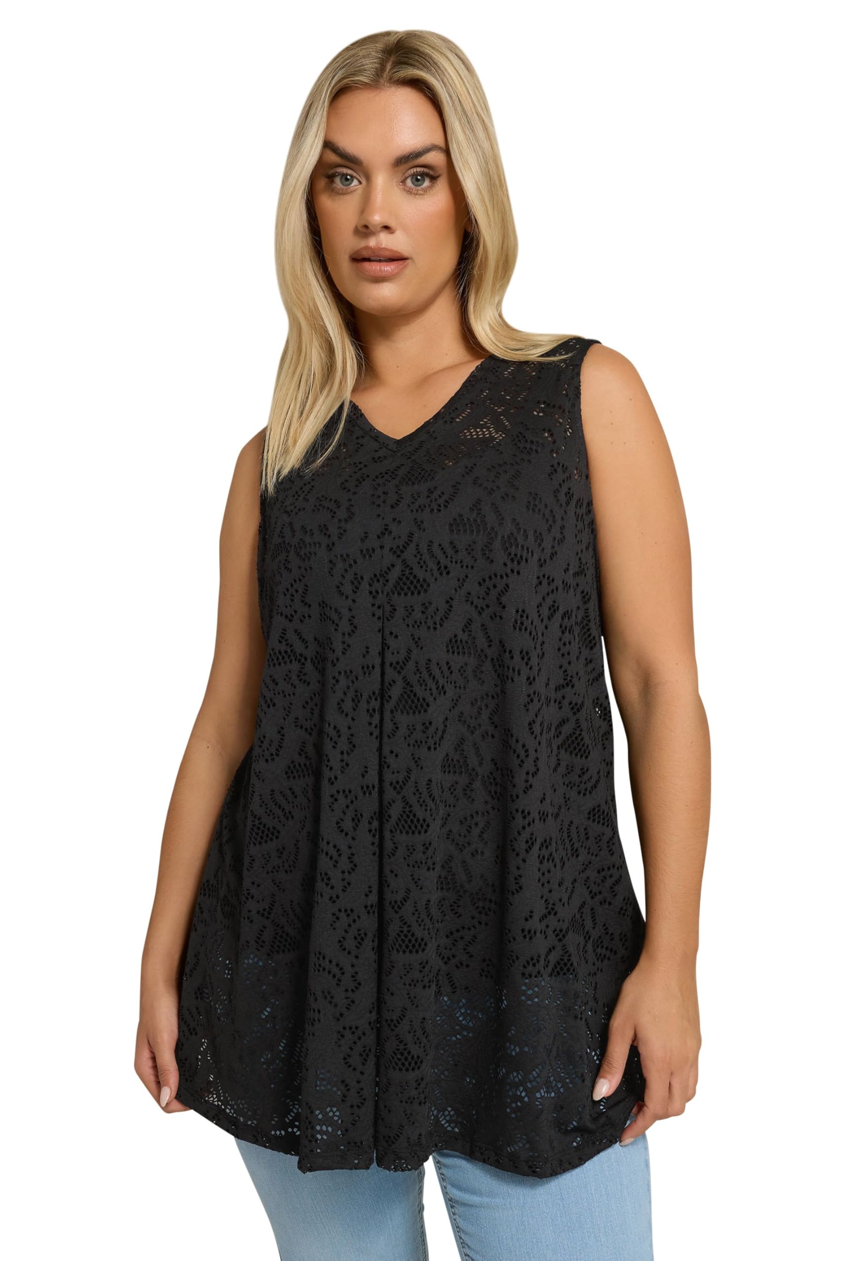 Yours Curve Broderie Anglaise Pleat Front Vest Top - Women's - Plus Size Curve Black