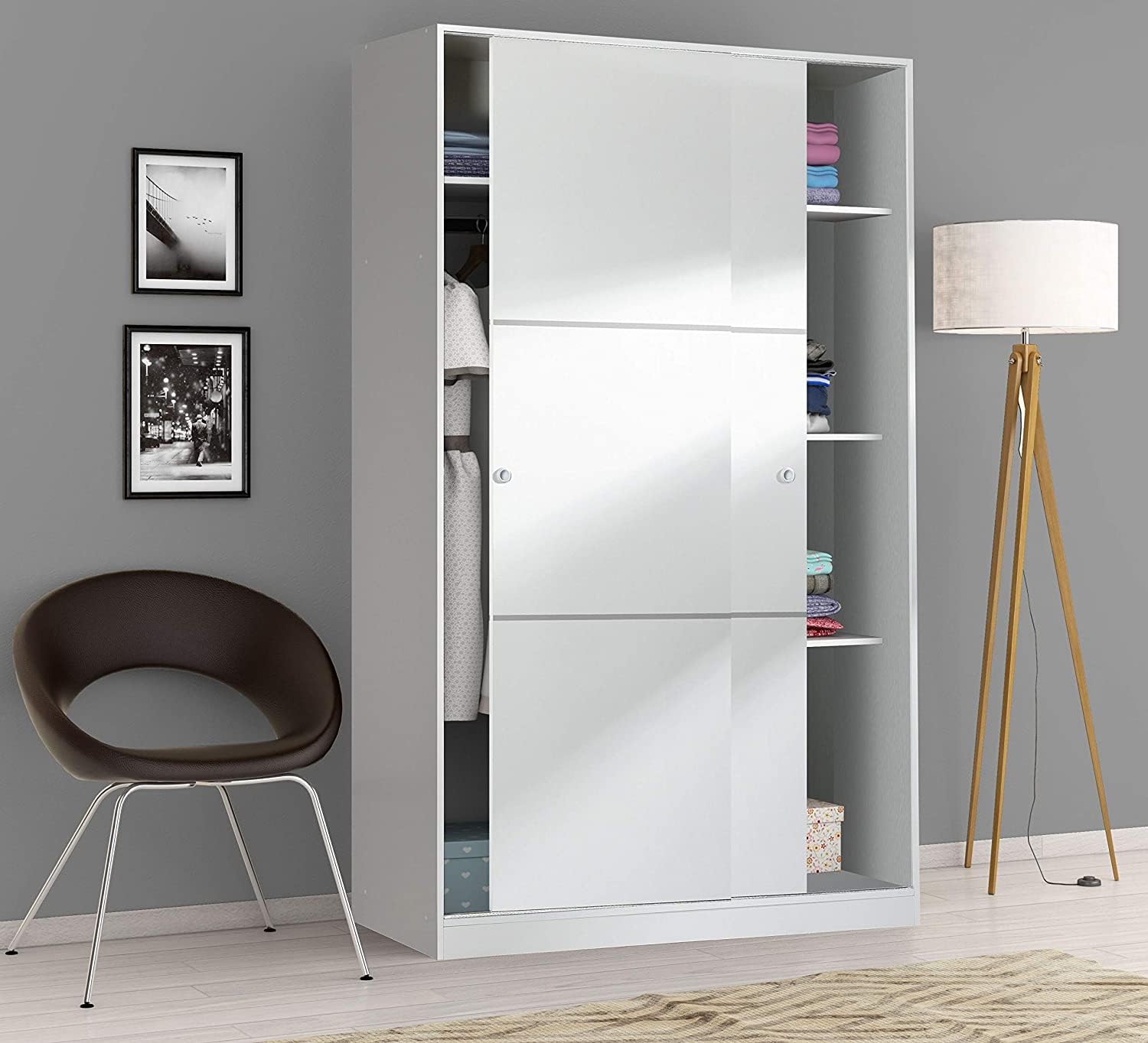 Bricozone Armadio Guardaroba Bianco Lucido Con 2 Ante Scorrevoli Con Guide Nascoste Con Ripiano Superiore Barra Appendiabiti E 4 Ripiani Struttura In Legno Melaminico 200x120x50 Cm