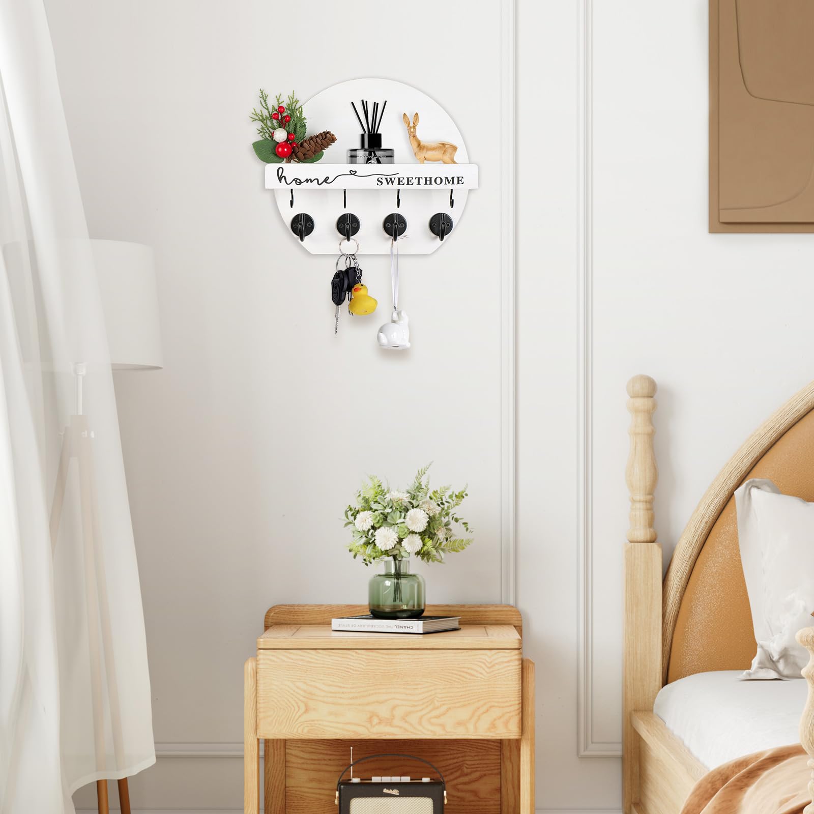 Porta Chiavi Da Muro Con Fiori Secchi Appendi Chiavi A Muro Legno Portachiavi Da Orbicolare Portachiavi Adatto Per Ingressi, Ripostigli, Corridoi, Cucine E Uffici. (Bianco e nero)