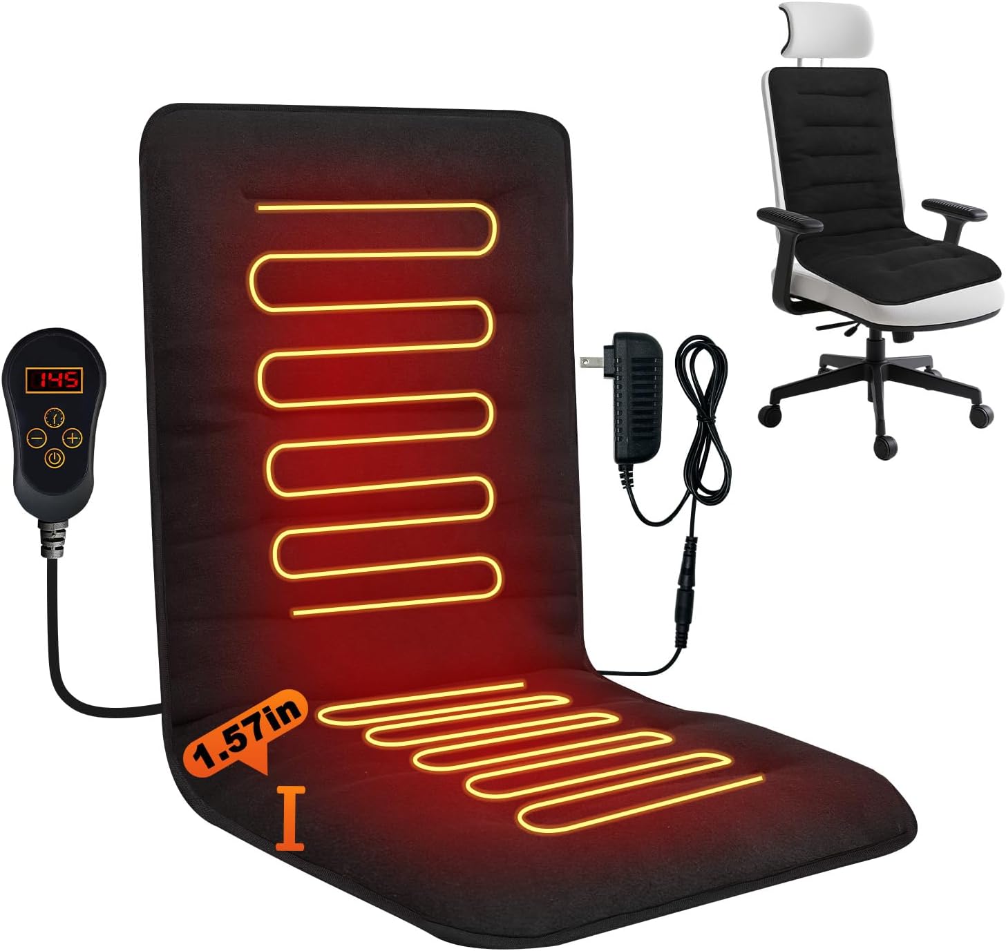 Heated Seat Cushion with Thick Warmth Fabric - 12V Heating Office Chair Pad in Winter- 7 Temp Levels & 12H Timer- Fast Heating Soft Seat Cover for Back,HIPS Etc.Gift Packaging Black