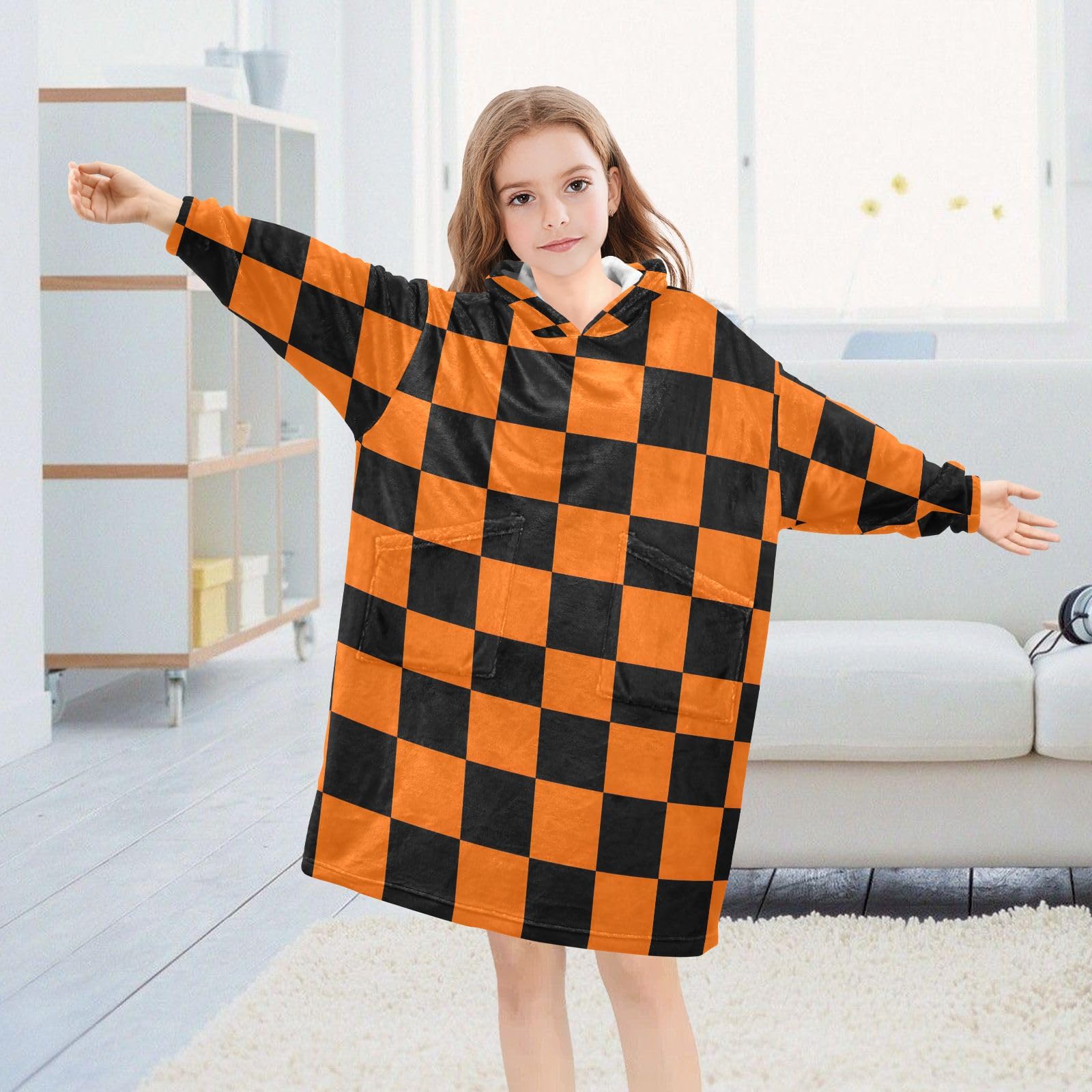 Morgenmantel mit Kapuze für Kinder, weich, Flanell, Morgenmantel mit Ohren und Taschen, warme Nachtwäsche für Kleinkinder, Jungen, Mädchen, Orange / Schwarz