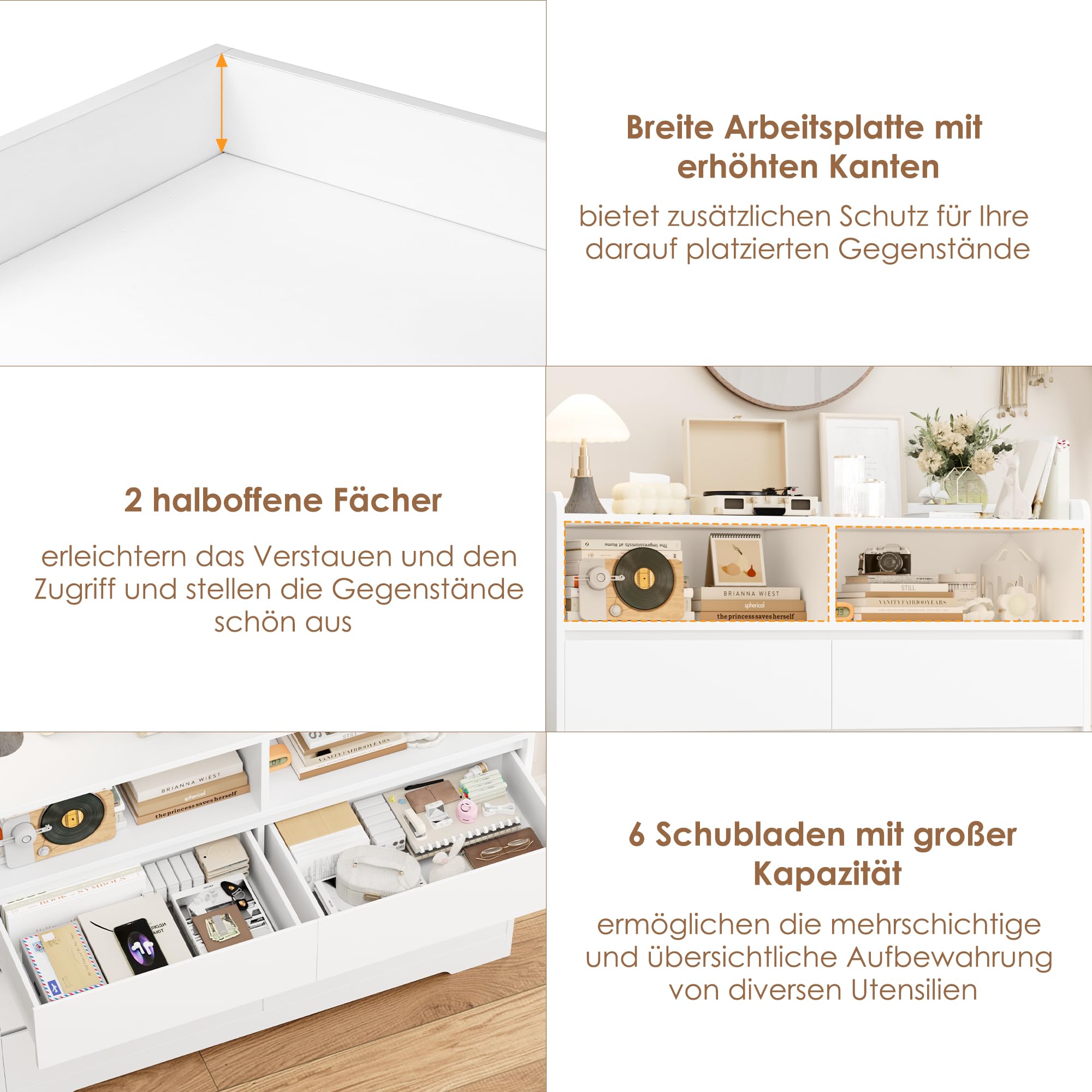 FOREHILL Kommode mit 6 Schubladen 120 cm breit Sideboard mit 2 Fächern