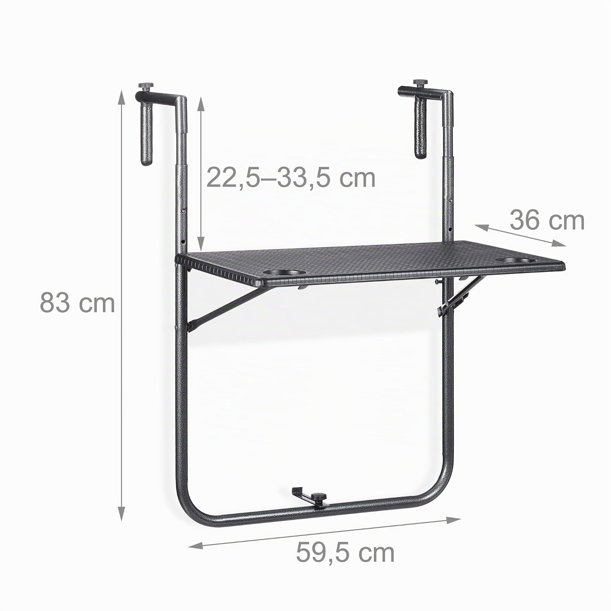 Relaxdays Table Balcon Suspendue, Pliante, réglable en Hauteur 3 Niveaux, Aspect rotin, résistante, 59,5 x 36 cm, Noir