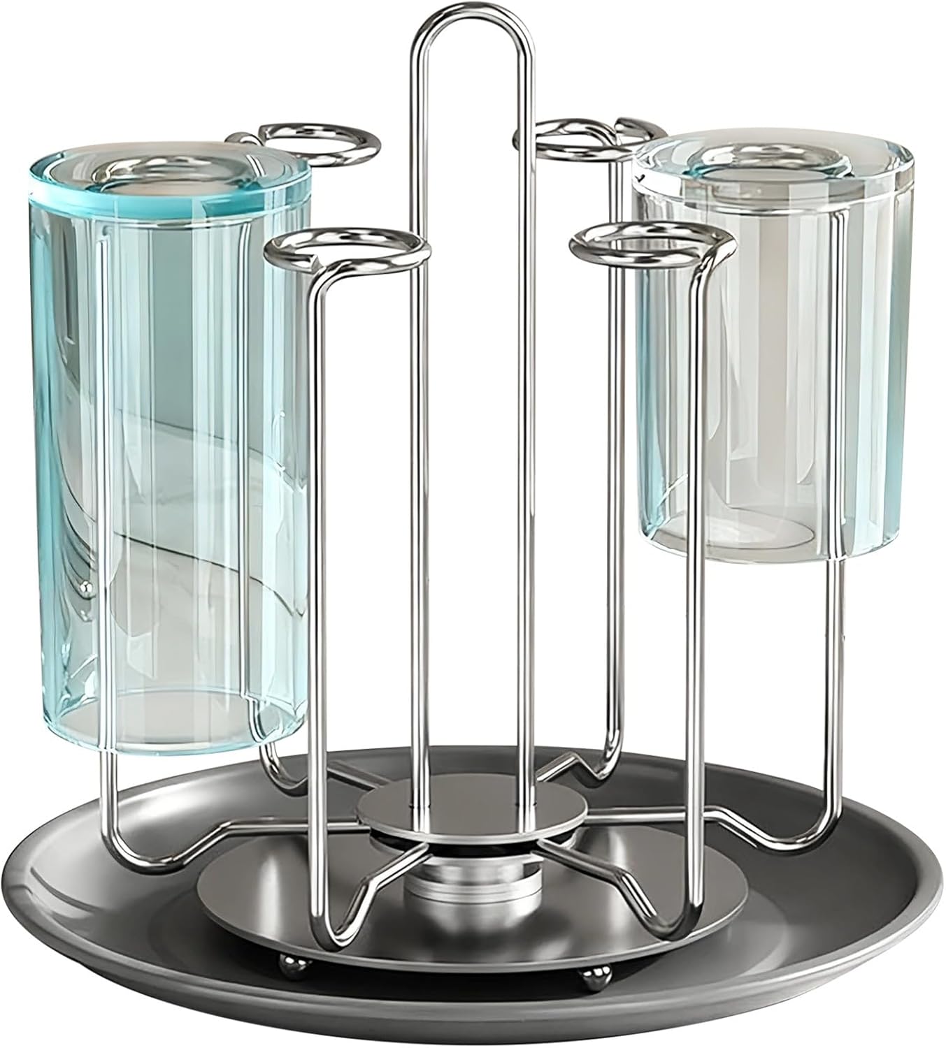 Cup Drying Rack, Stainless Steel 4 Cups Mug Rack, Rotating Bottle Rack with Drain Tray, Space Saving Countertop Design