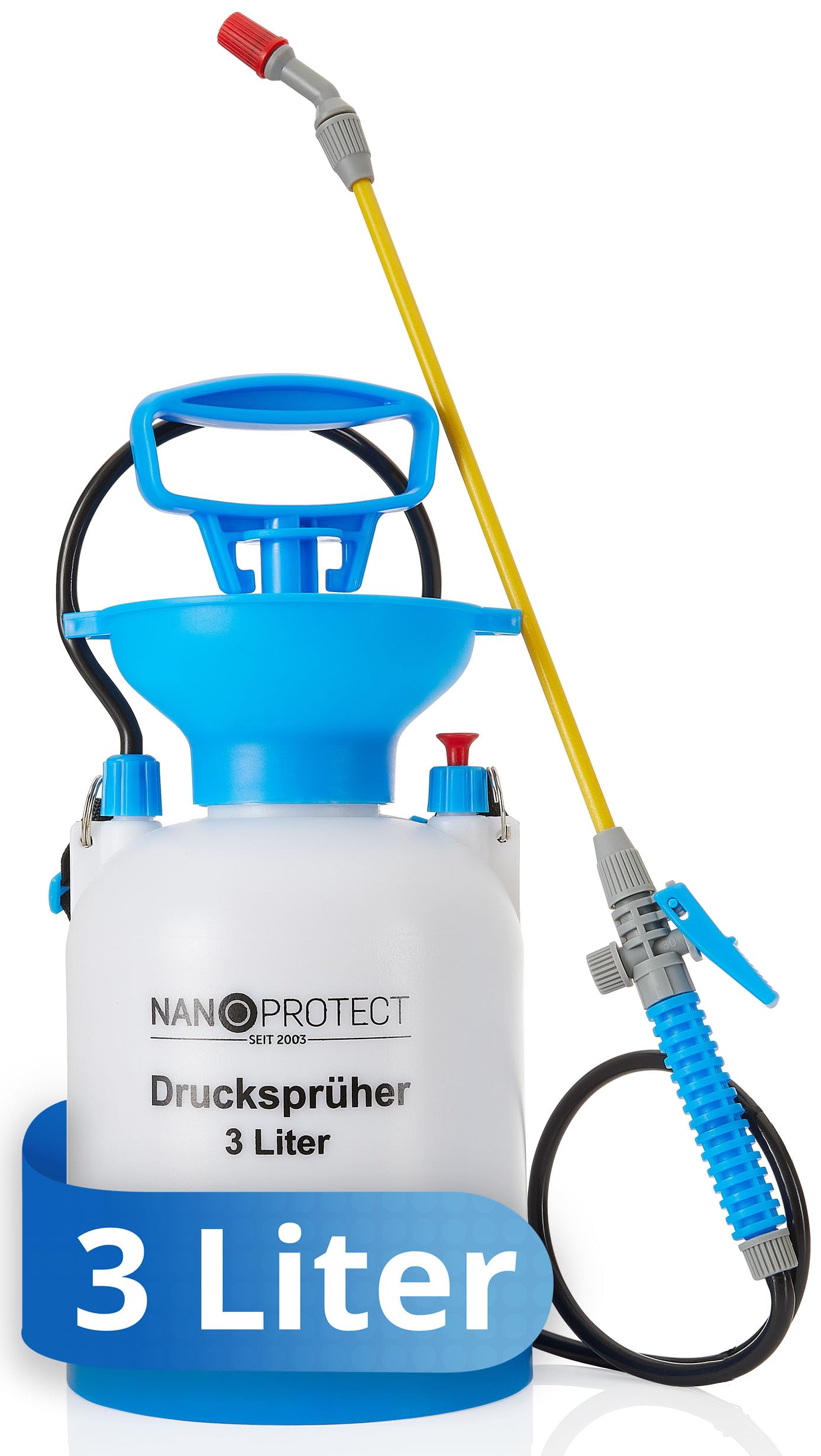 Nanoprotect Drucksprüher 3 L | Universelle Sprühflasche für Essigsäure, Wasser, Dünger und mehr | Mit Schlauch, Tragegurt und Verstellbarer Düse, Weiß, Gelb, Blau