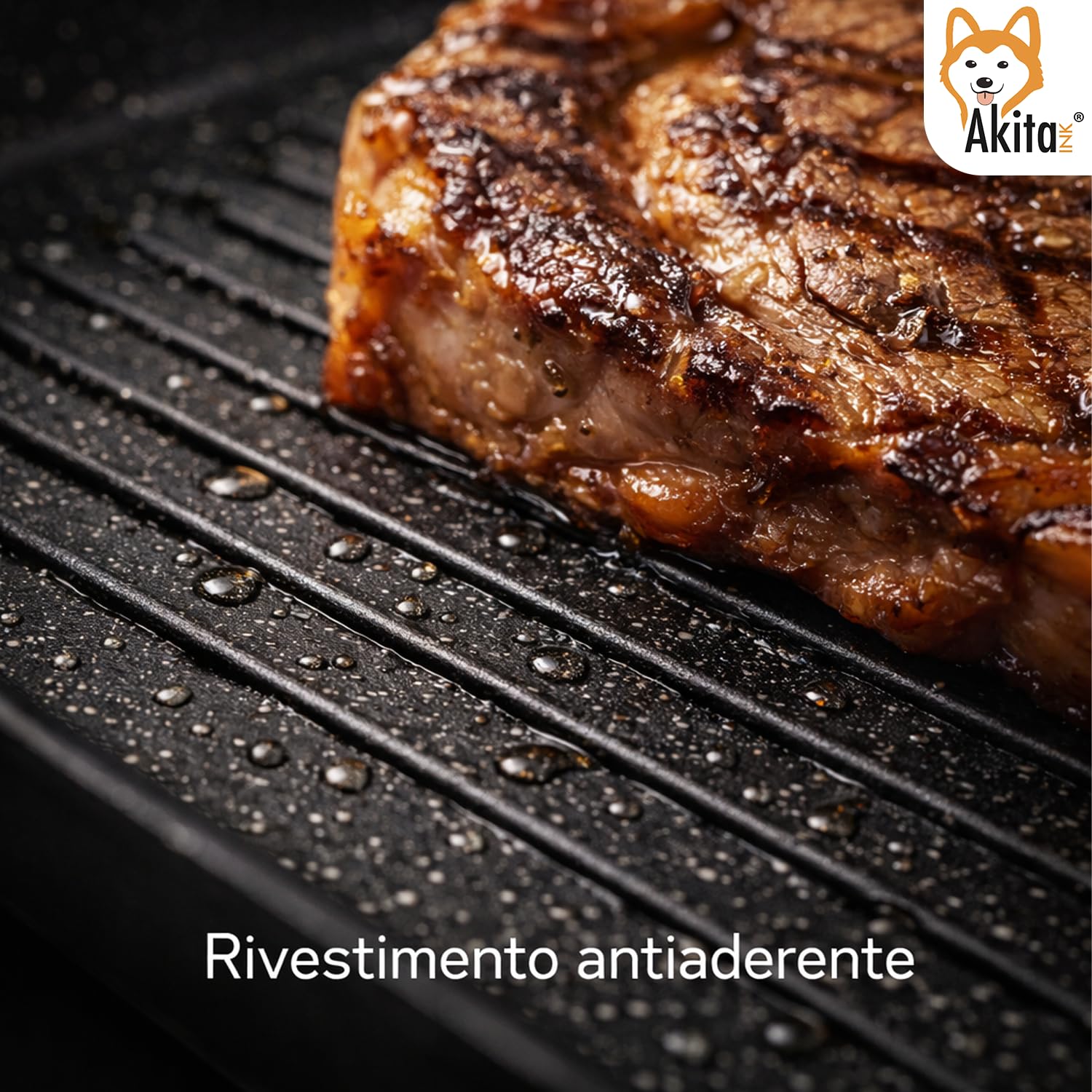 AKITAInk Bistecchiera in Alluminio Pressofuso Antiaderente Quadrata e Rettangolare, Ideale per Carne, Verdure e Grigliate, Compatibile con Induzione, 26x36 cm