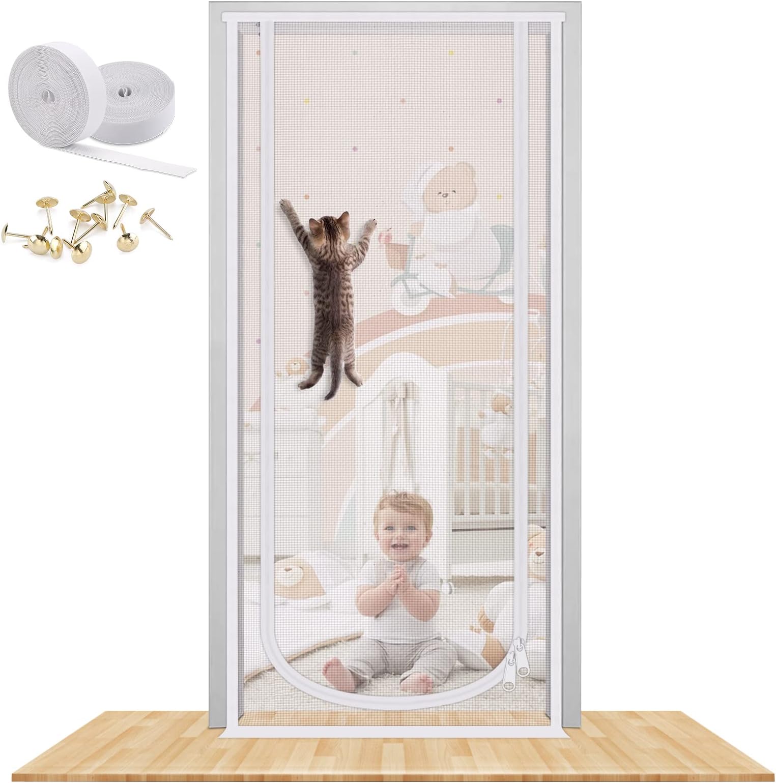 MYPIN Reinforced Cat Screen Door, 35.5X82” Heavy Duty Pets Proof Screen Door with Bilateral Zipper, Prevent Dogs Cats Running Out from Home, Bedroom, Living Room, Kitchen Patio Doo