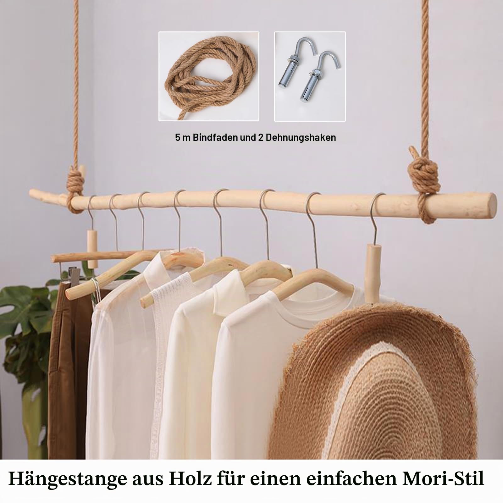 Holz Hängegarderobe, Natur Hochwertiges Baumwoll Seil, Kleiderstange Deckenmontage, Vintage Industrial, Hängend & Höhenverstellbar, 80CM, 100CM, 120CM