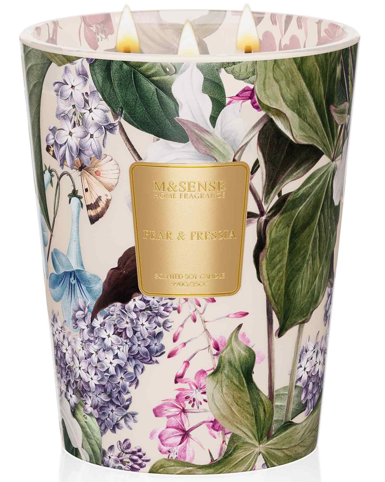 M&SENSE Candela Profumata Con 3 Stoppini - Pera Fressia, 990g, 150 Ore di Combustione - Regalo e Decorazione Casa per Donne