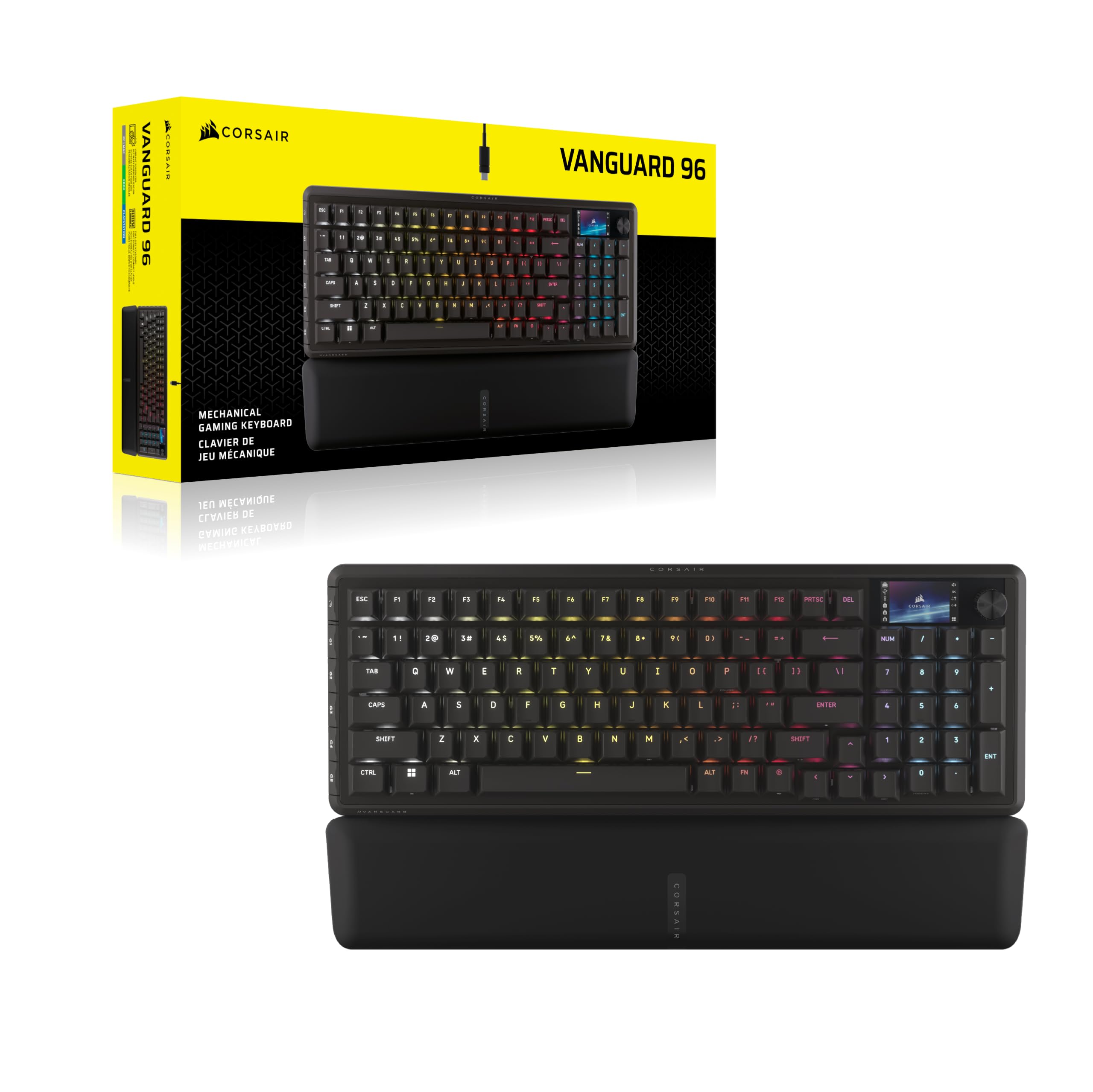 Corsair Vanguard 96 Teclado Mecánico con Cable para Juegos– Negro | QWERTY ES, Formato 96%, Interruptor Lineal de Plasma MLX, 8000Hz, Pantalla LCD, Virtual Stream Deck, Botones G, Flashtap SOCD