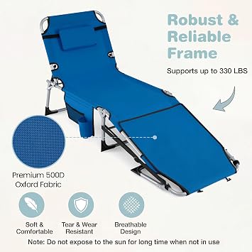Giantex Tanning Chair, 330Lbs Patio Lounge Chair with 5 Adjustable Position, Face & Arm Hole, Hand/Shoulder Strap, Removable Pillow, Side Pocket, Chaise Lounger for Beach Sunbathing Outdoor, Blue