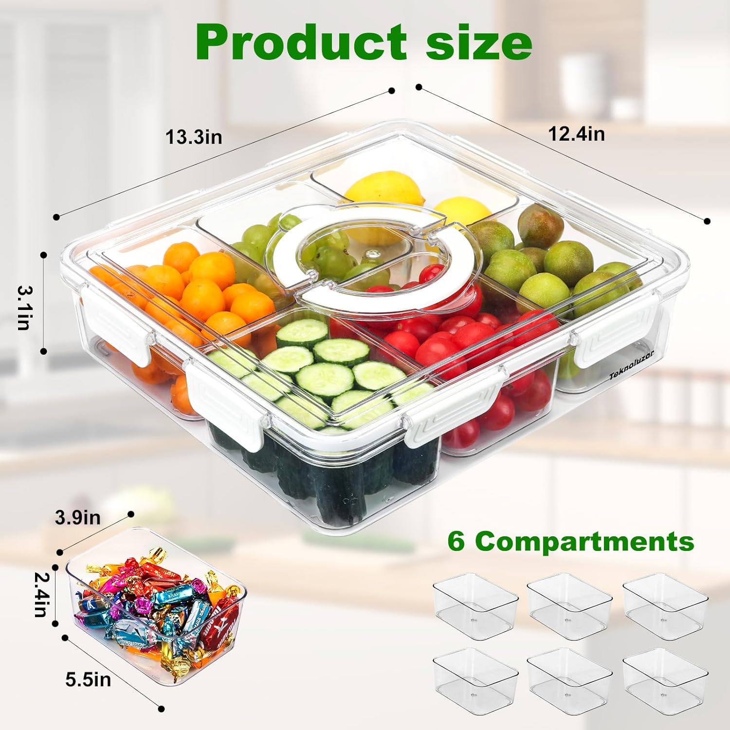 Divided Serving Tray with Lid & Handle, BPA-free Food Storage Container, Snack Box, 6 Compartment Snack Containers, Fruit Storage Containers for Fridge,Storage Organizer For Veggie,Fruit,Candy,Nuts