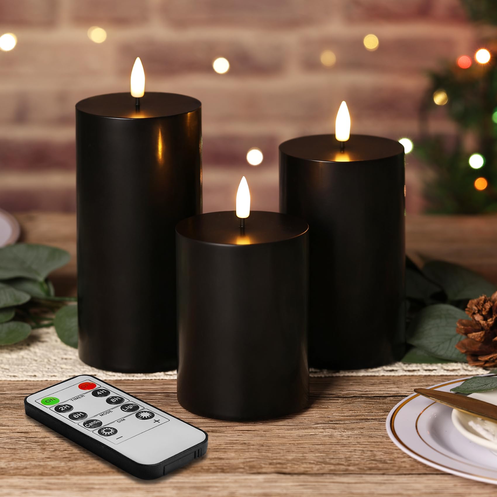 Eywamage Black Flameless Halloween Pillar Candles with Remote, Real Wax Flickering LED Battery Candles Set of 3