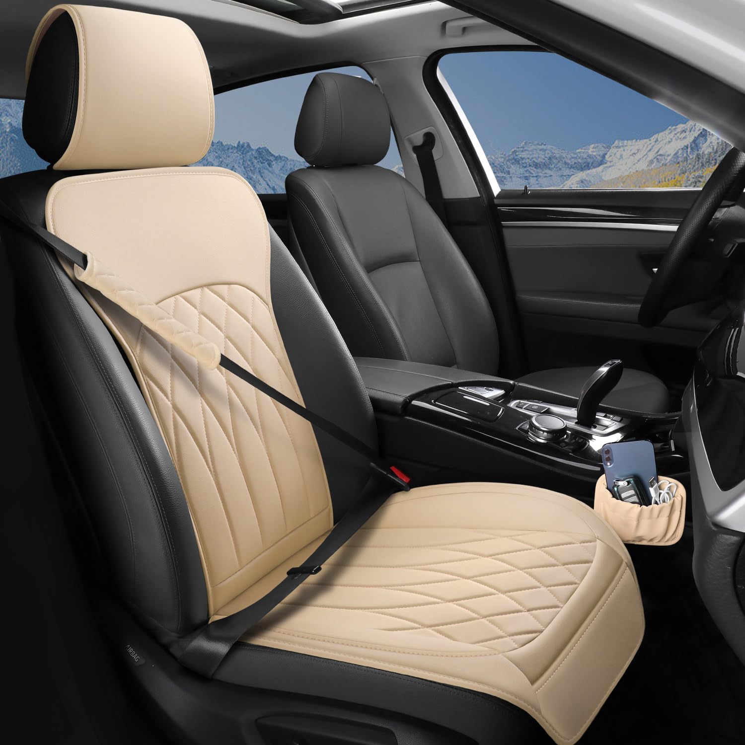 1 Pack Leather Front Car Seat Cover, Universal Sideless Car Seat Protector with Storage Pocket and Seat Belt Pad, Waterproof Automotive Seat Cover