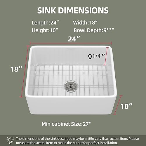 Miniatura 6 de TUKTUK Fregadero de Granja Blanco 24 X 18 pulgadas Arcilla Refractaria Fregadero de Cocina Moderno Pequeño con Delantal Frontal para Instalación