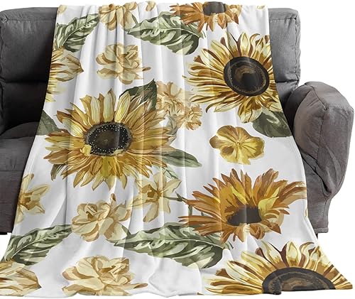 Manta de girasol de granja, manta de franela suave de forro polar, 40 x 50 pulgadas, acuarela, verano, floral, cálida, acogedora, cómoda, colcha