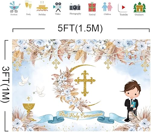 Miniatura 2 de Telón de fondo para la primera comunión de 5 x 3 pies para niños Mi Primera Comunión azul Flor Boho Pampas Mi Bautizo Bautismo Bautizo Bautizo