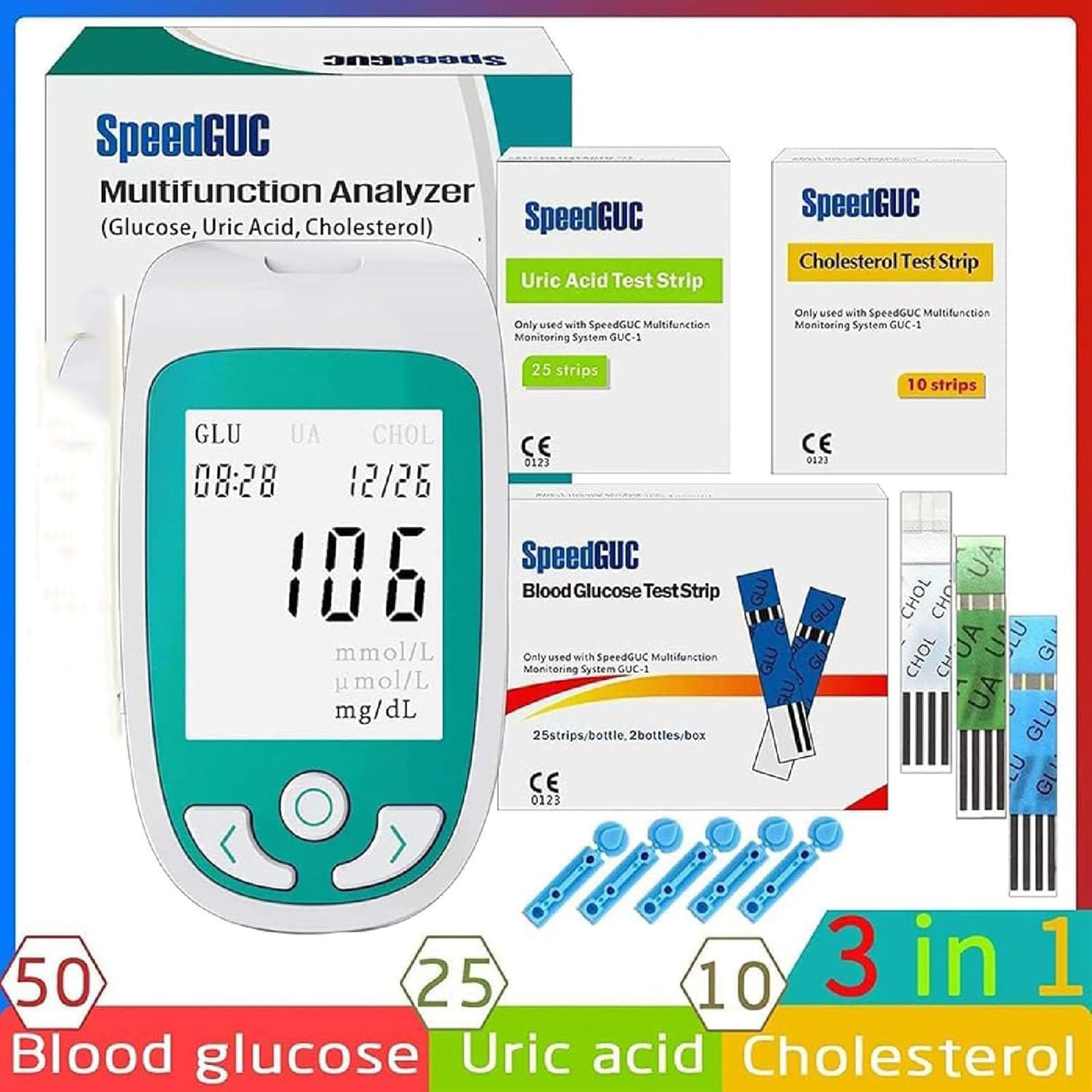 Monitor 3 In 1 Per Glucosio, Acido Urico, Colesterolo, Kit Per Esami Del Sangue Domestici, Memorizzazione Di 300 Set Di Dati Con 50 Analizzatori Di Glucosio Nel Sangue + 25 Di Acido Urico + 10 Analizz