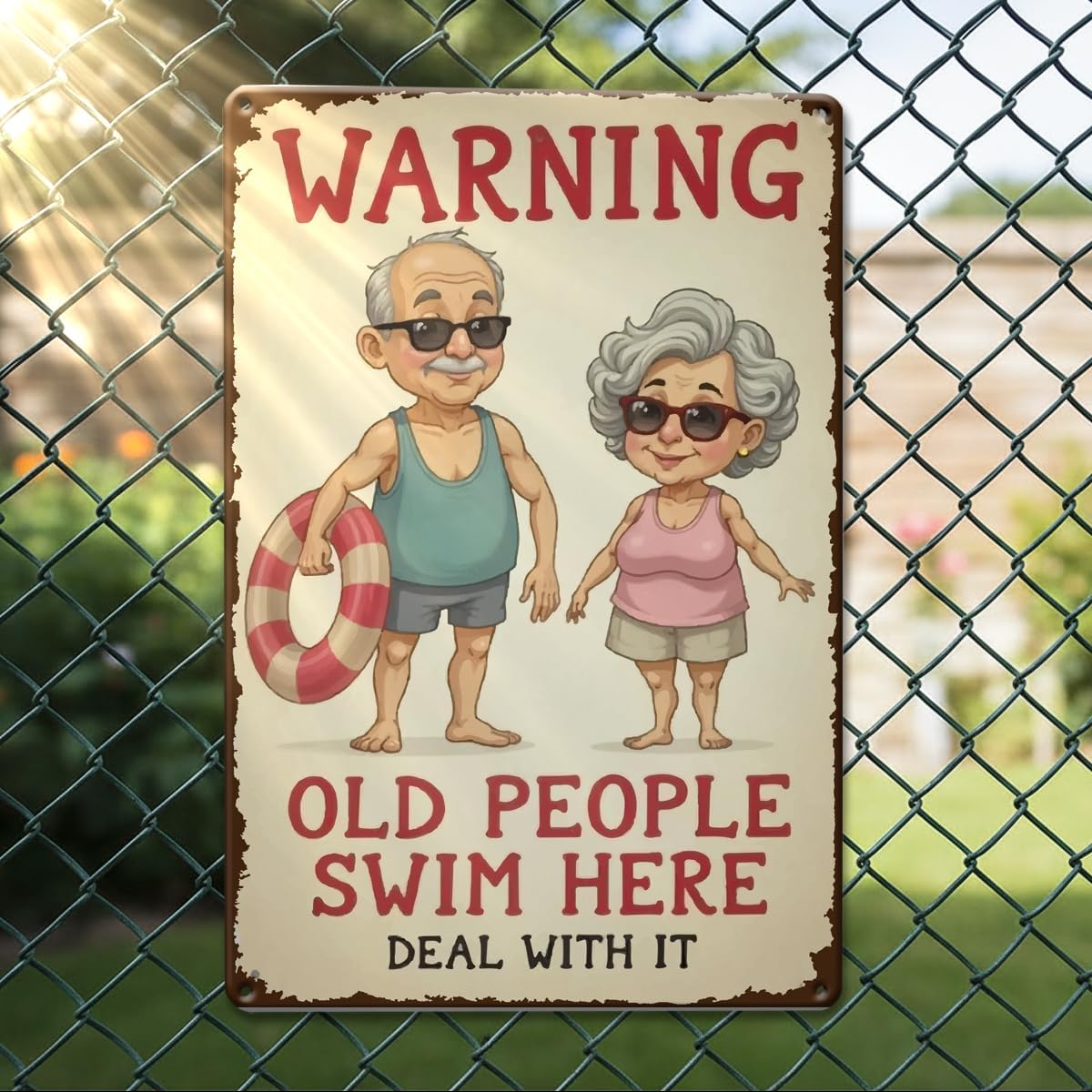 Funny Swimming Pool Warning Metal Tin Signs for Pool Patio Humorous Outdoor Sign with Retro Design and Playful Characters Summer Artwork Decor Old People Swim Here Sign