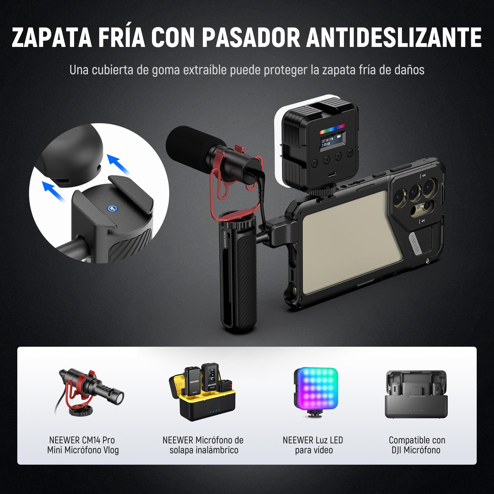 NEEWER Manija Lateral Liberación Rápida para Jaula Teléfono PA073 PA074 para iPhone 16 Pro/16 Pro MAX, PA042 para Samsung S24 Ultra, con Zapata Fría Cubierta, Anti Off Pin, Cerradura Negra, PA045B