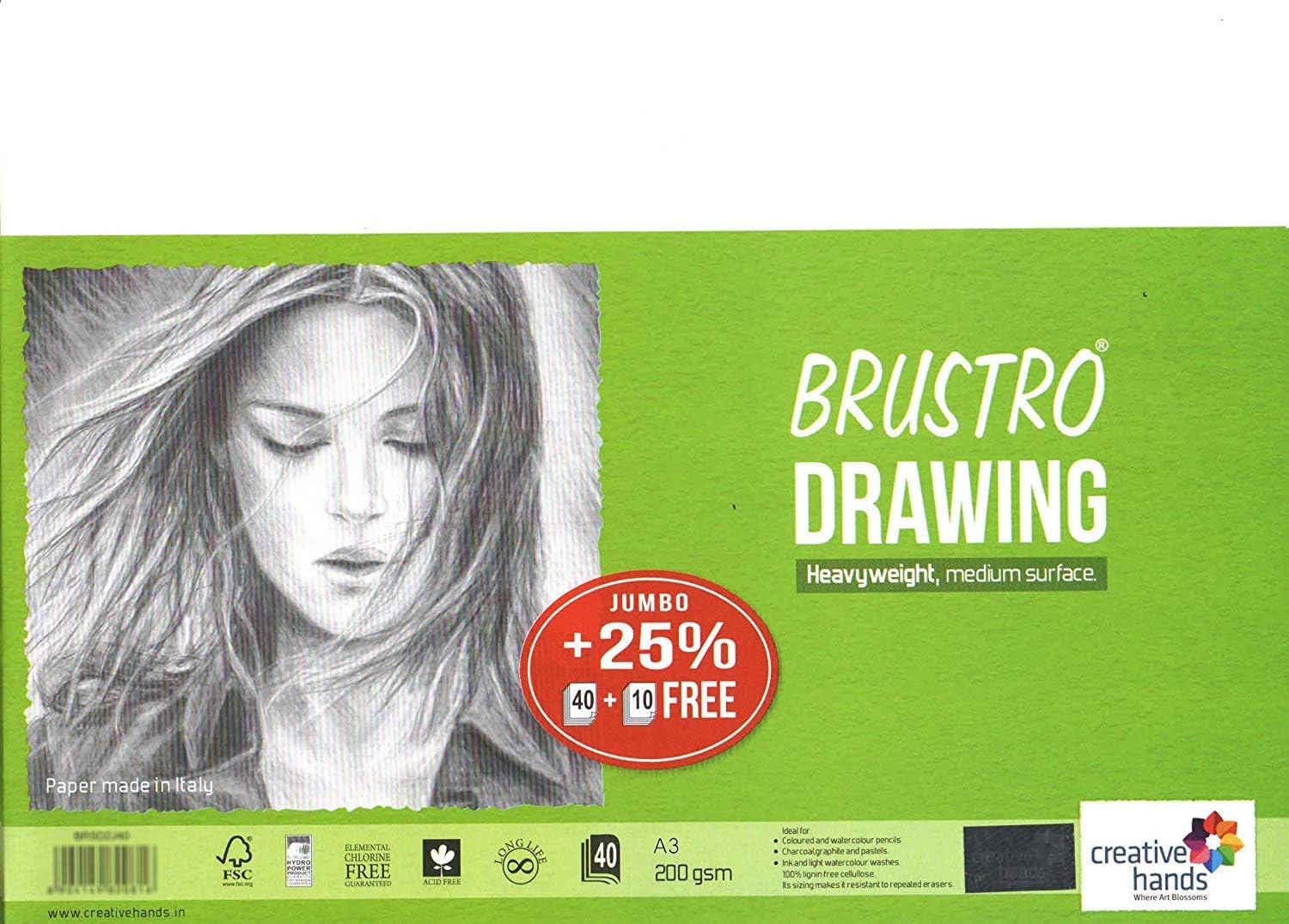 Brustro Drawing Paper 200 GSM A3 Jumbo Pack (Pack of 40+10 Free Sheets)