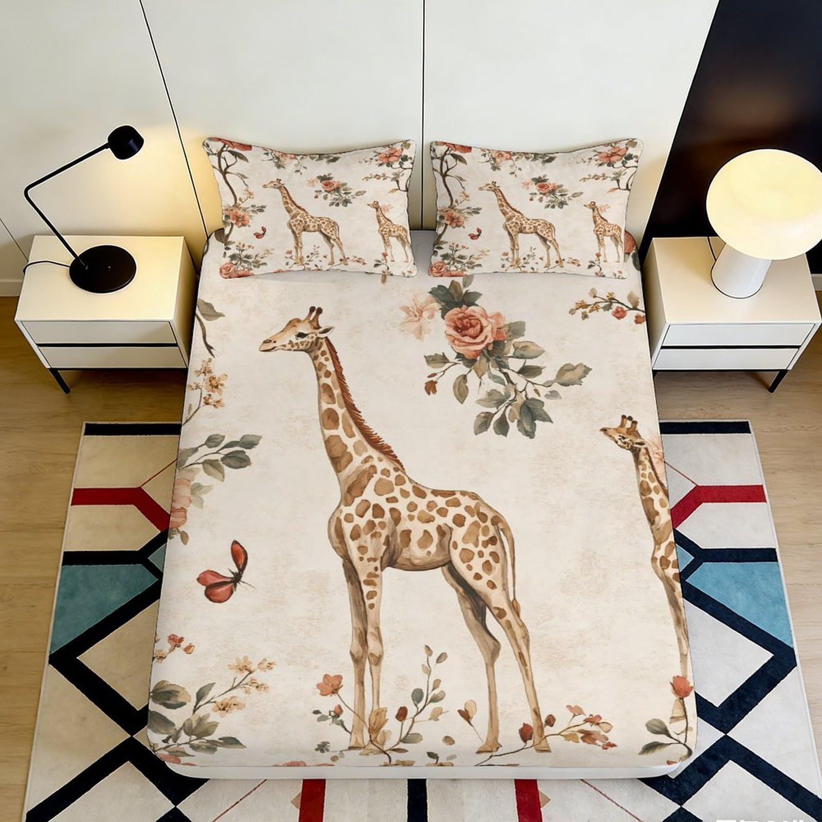 3D Printed Giraffe Floral Fitted Sheet Microfiber Soft Breathable Butterfly Bed Cover for Bedroom Décor Protection 90x200x25cm