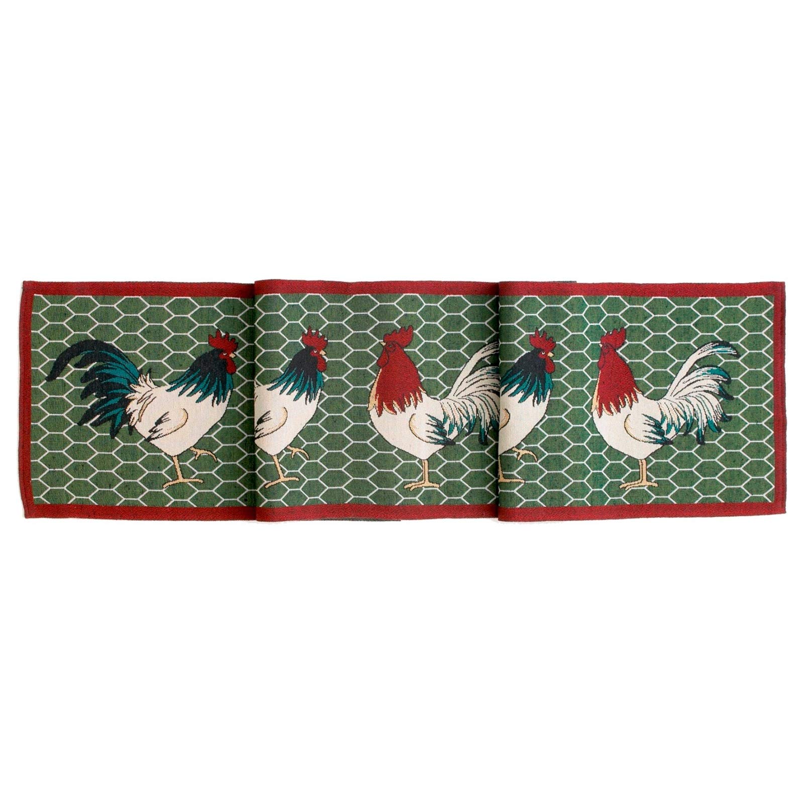 Burwells Green Rooster Dining Table Runner Tablecloth Country Kitchen Style Farmyard Chicken Cockerel Fowl Poultry Colourful Tapestry Fabric Decoration