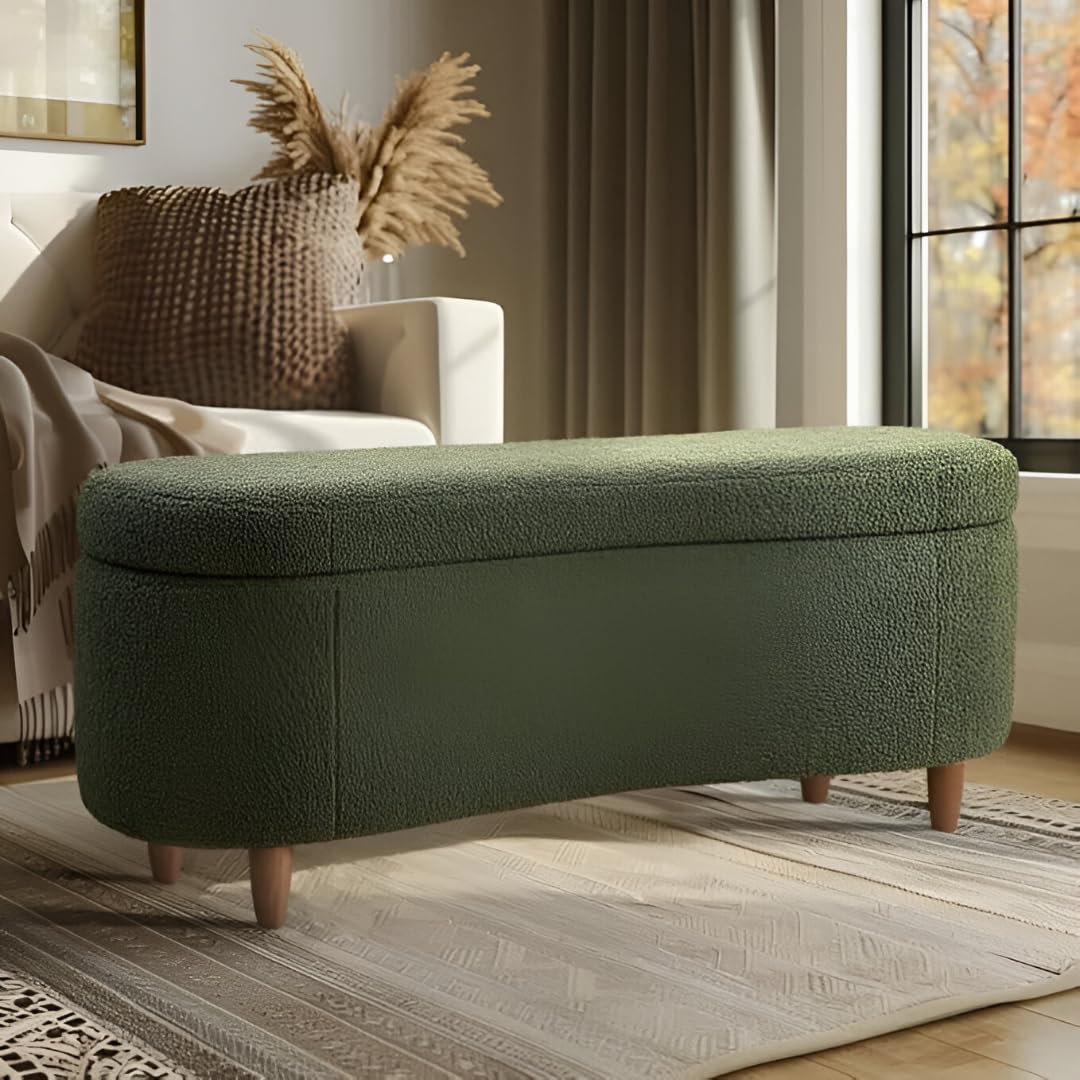 Japandi Mid-Century Boucle Upholstered Storage Bench, 2-Seater Teddy Fabric Sofa Ottoman with Solid Wood Legs for Entryway, Living Room, Bedroom (Green)