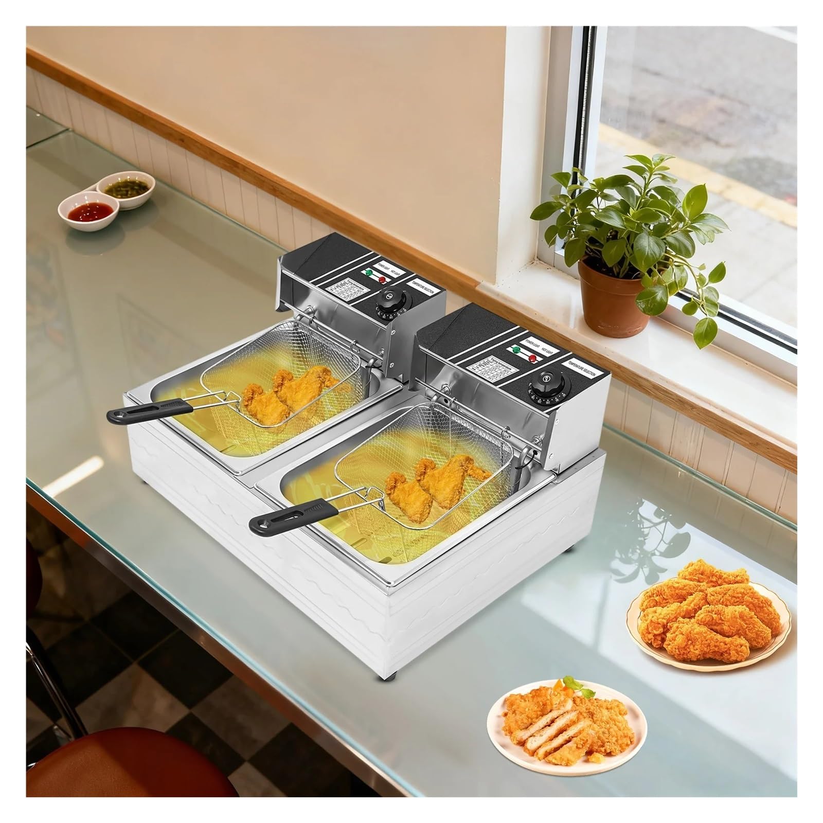Freidora De Doble Tanque For Patatas Fritas, 12 L, Tubo Calefactor 5 Anillos Calentamiento RáPido