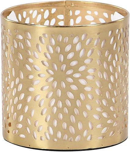Miniatura 4 de Deco 79 Vaso cilíndrico de metal con diseño floral tallado con láser, 4 x 4 x 4 pulgadas, dorado