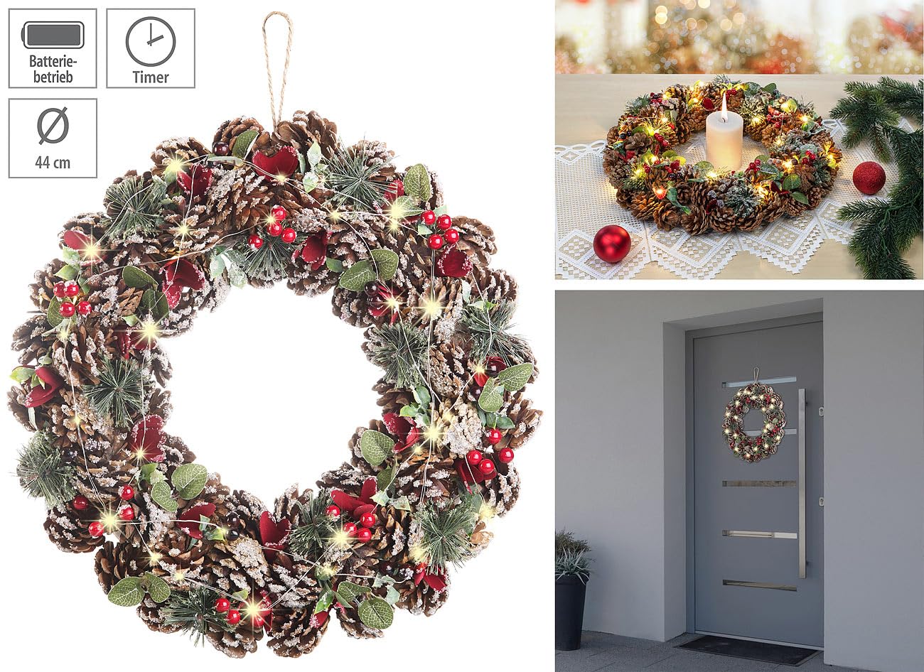 infactory Kranz: Advents- und Weihnachtskranz mit LED-Beleuchtung, rot/grün, Ø 44 cm (LED Adventskranz, Türkranz Weihnachten, außen)