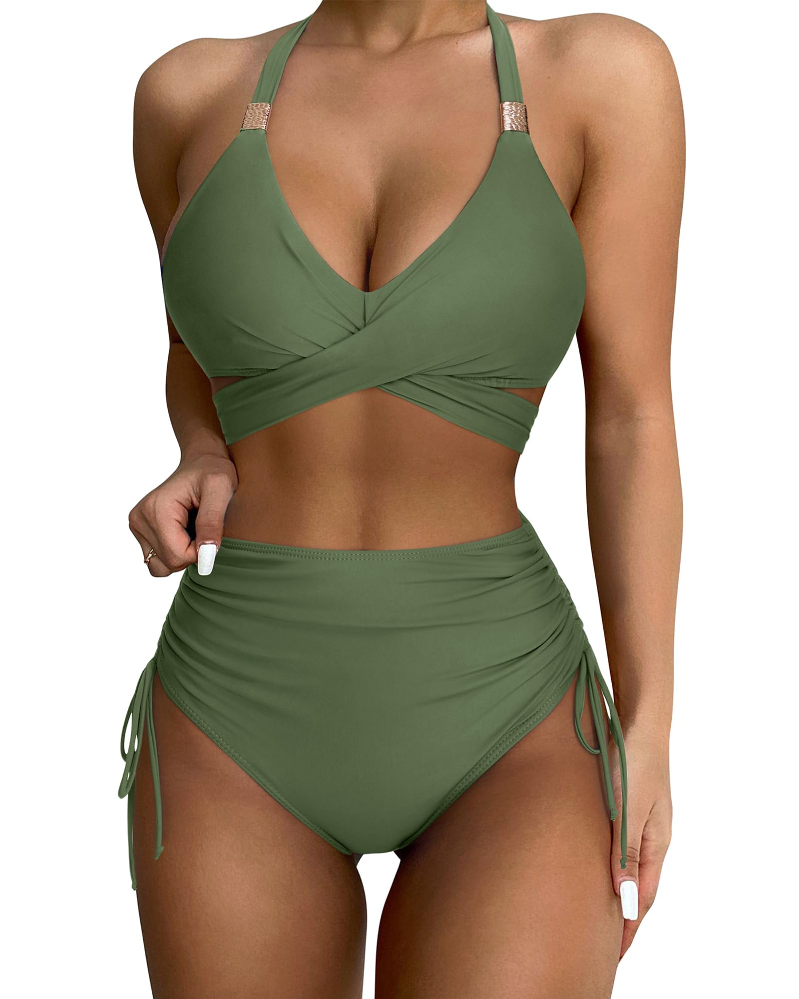 SUUKSESS Womens High Waisted Bikini Sets Tummy Control Drawstring Tie Knot Swimsuit