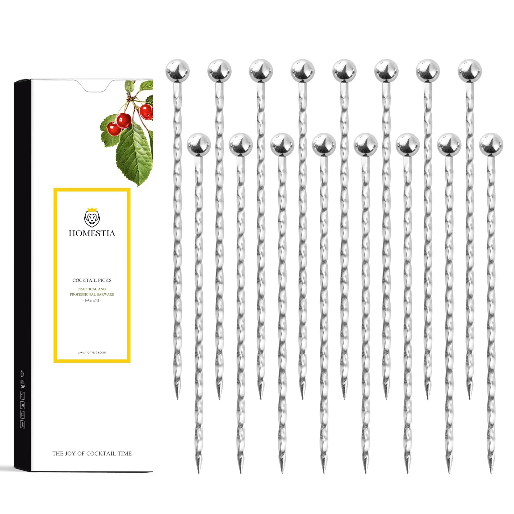 Homestia 16PCS Stainless Steel Cocktail Picks Stick, Premium Metal Martini Picks, Reusable Cocktail Skewers for Drinks, Garnish Picks Bloody Mary