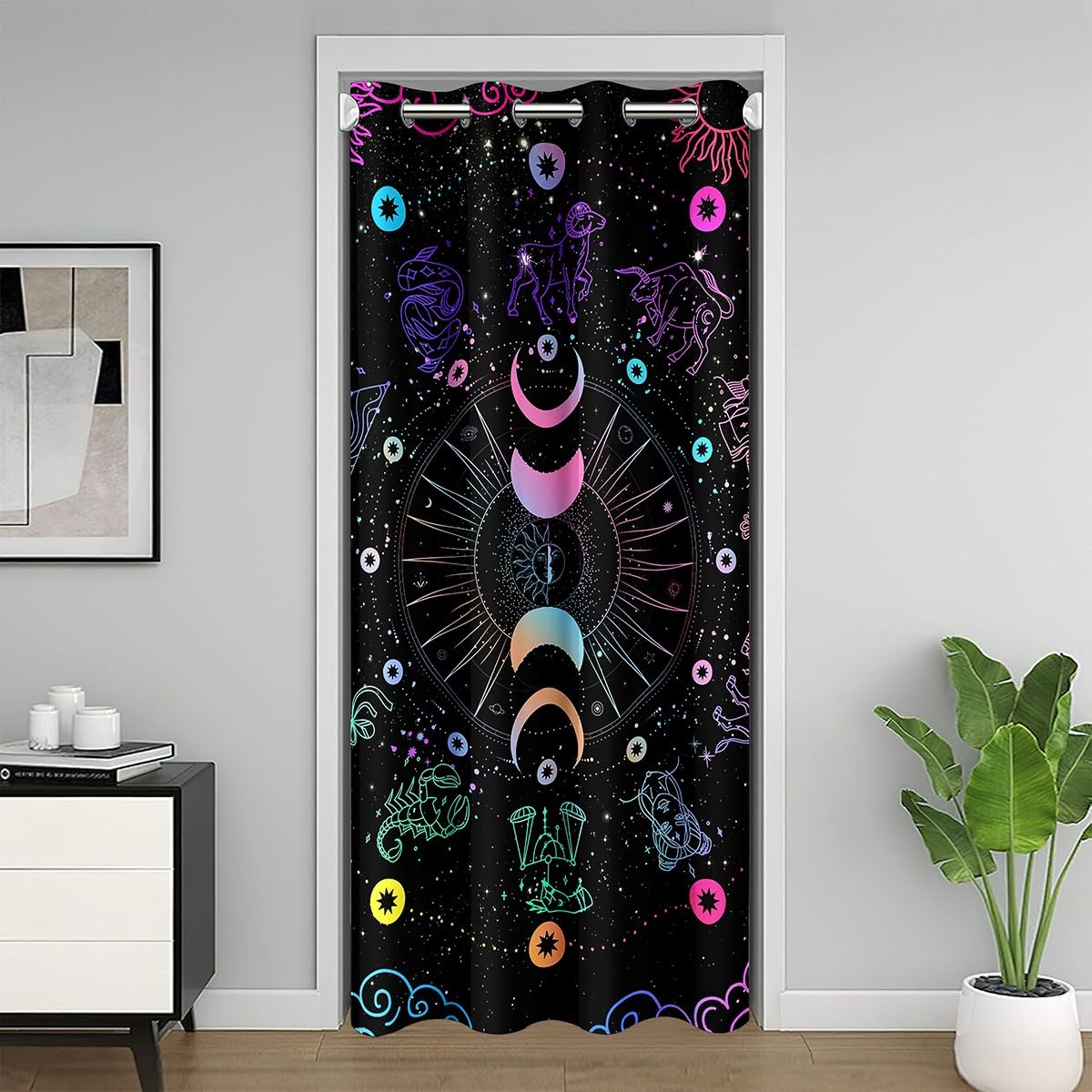 Homewish Exotic Moon Door Curtain 1 Panel 34" W X 80" L Colorful Twelve Constellations Starry Galaxy Doorway Curtain for Closet Door Dreamy Gradient