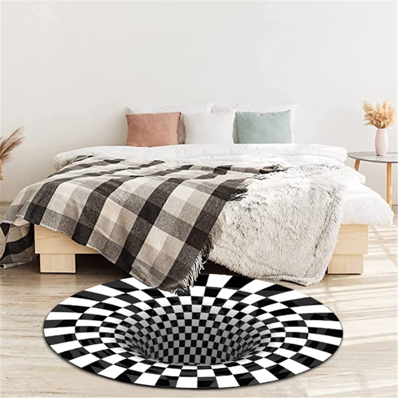 Tappeto 3D Antiscivolo Zerbino Tappeto Illusione Ottica Rotondo Tappeto A Scacchi Vortice Bianco E Nero Illusion per Soggiorno Sala da Pranzo Camera da Letto Cucina Interni Esterni,3,100cm