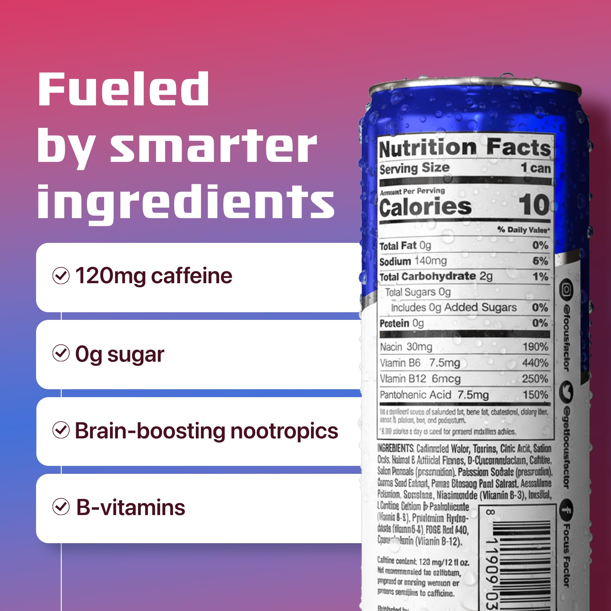 Focus Factor Energy Drink - 12 x 355ml Cans (Berry Flavour) - with Focus + Energy - Lightly Carbonated, Sugar Free, Low Calorie with Vitamin B6 & Vitamin B12