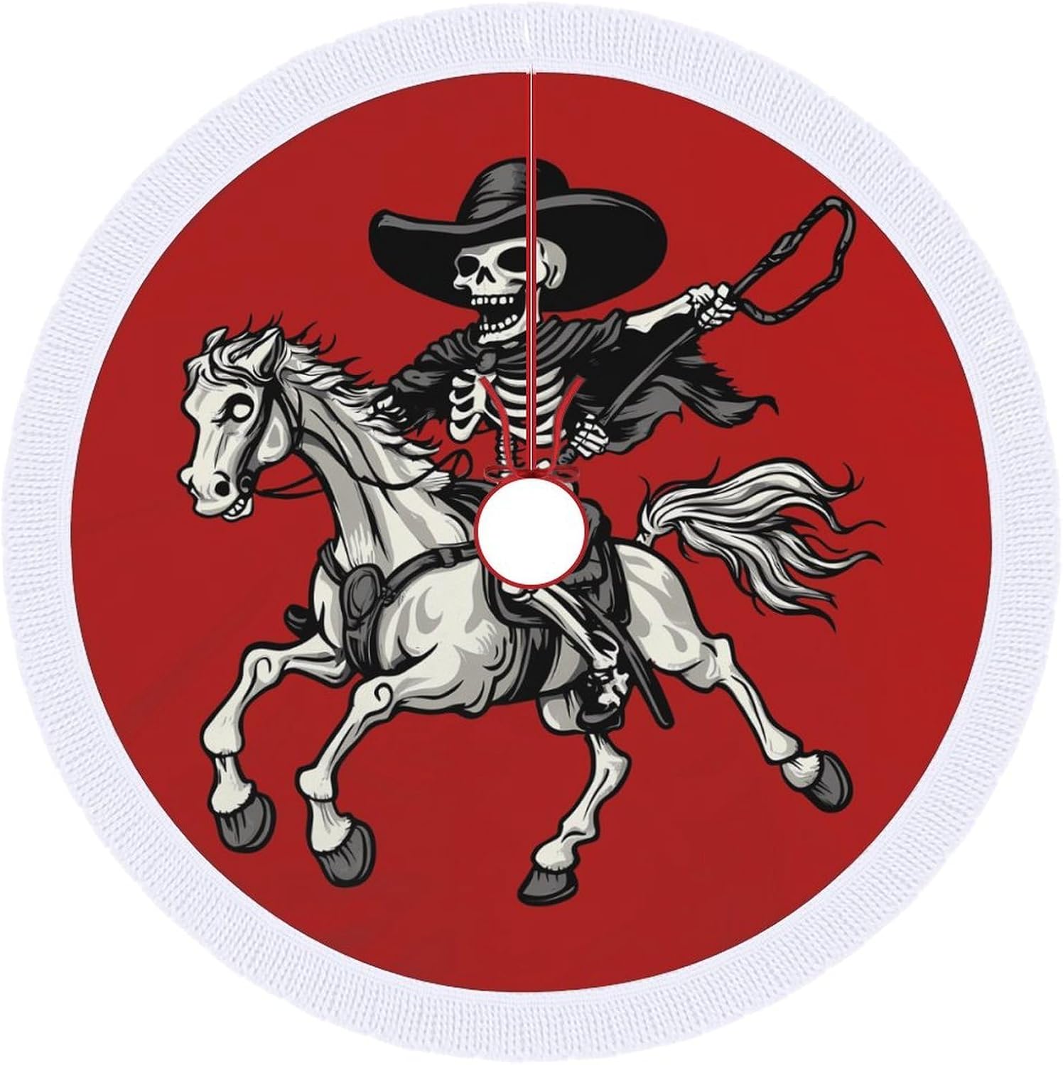 Skeleton Riding Horse Print Christmas Tree Skirt Round Xmas Tree Mat Ornaments Tree Skirts with Tassels for Holiday Party