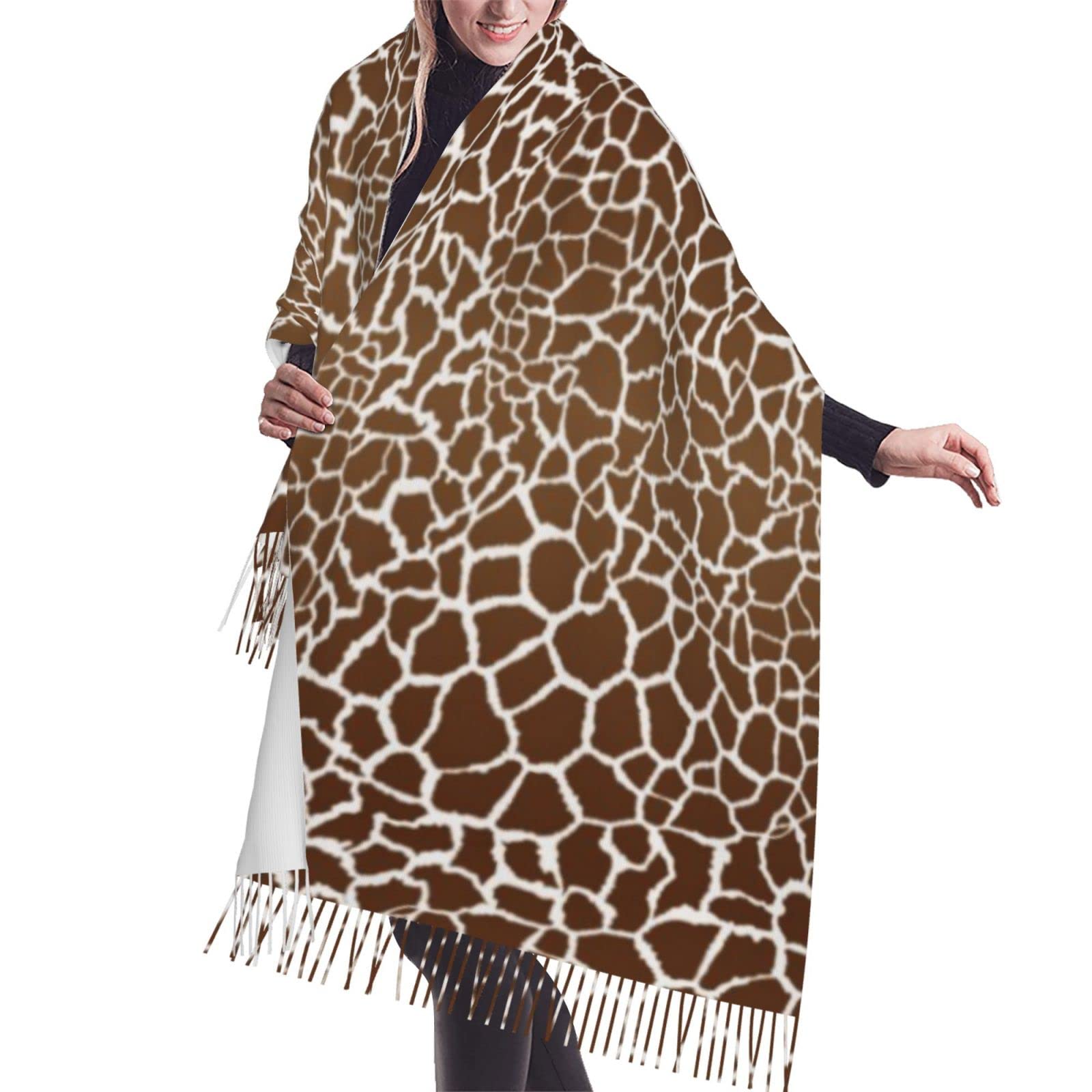 Butxet Unisex As Picture Fringed Scarf Giraffe Animal Print Pattern Soft Blanket Scarf Long Warm Shawl Wraps Cashmere Fringe Scarfs 196X68 Cm
