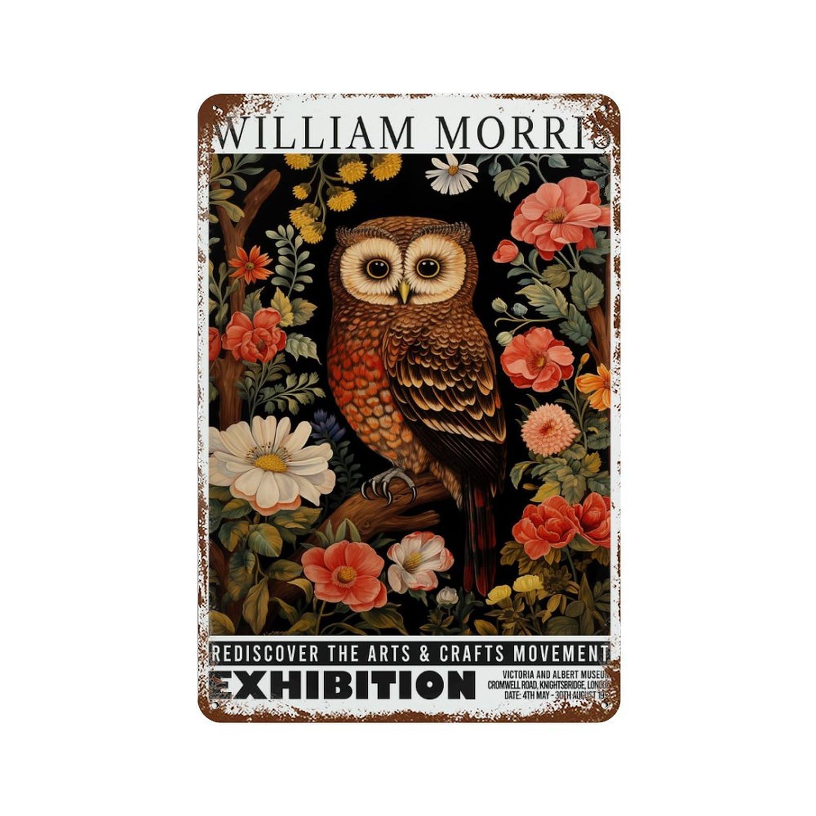 Rusty Metal Tin Sign with William Morris Owl Floral Exhibition Design 11.8"x7.9", for Farmhouse, Kitchen And Entryway Decor, Classic Wall Plaque