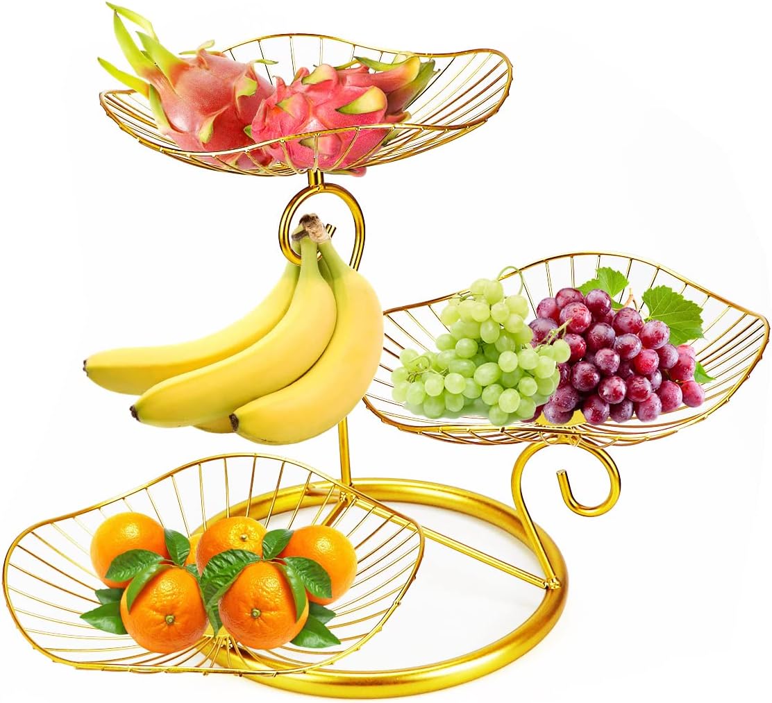 DOERDO 3-Tier Fruit Basket Holder, Decorative Fruit Bowls Stand, Table Countertop Holder for Vegetables Bread Snack, Gold