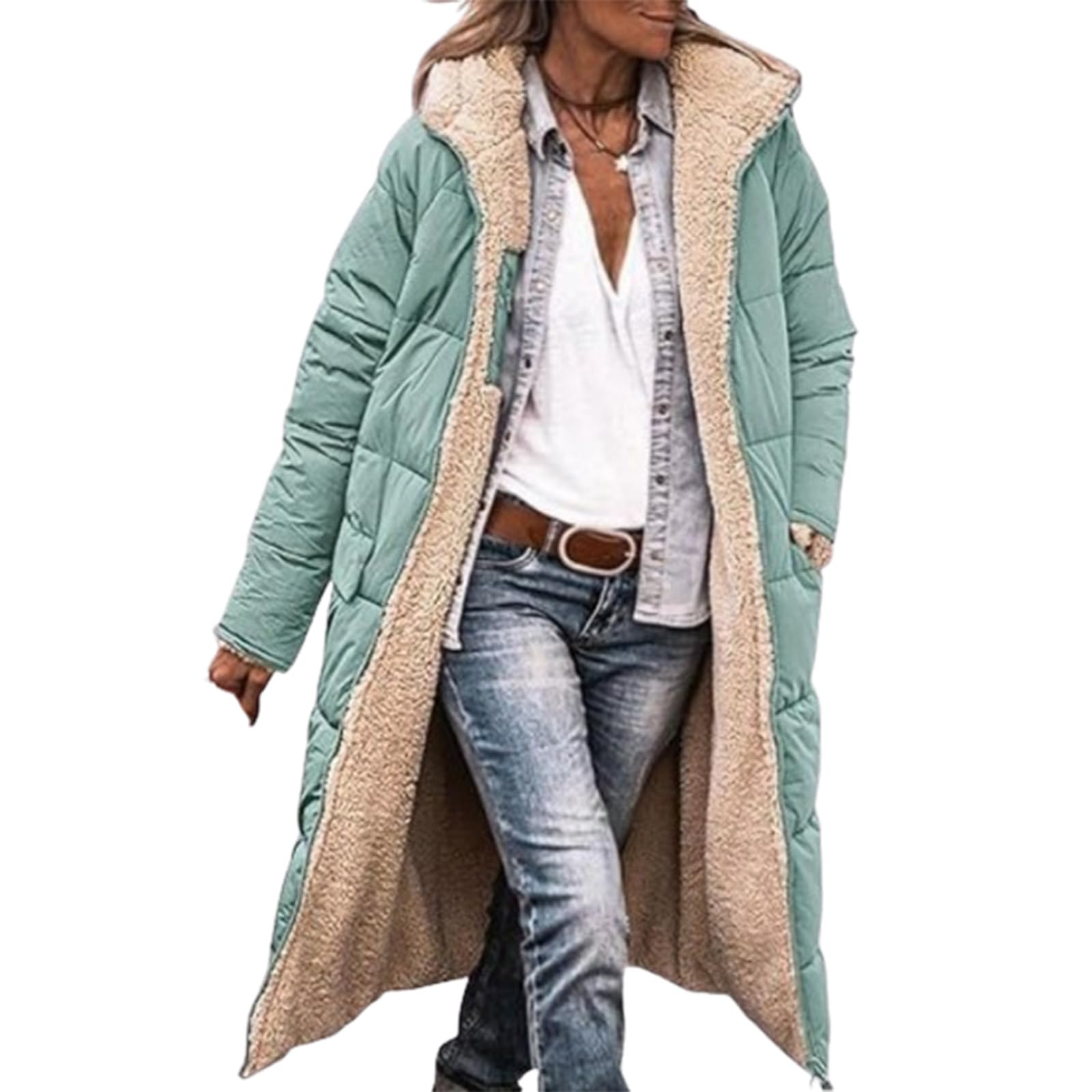 QingxingFa Women’s Long Quilted Puffer Coat with Hood – Warm Fleece Lined Oversized Winter Jacket (light green,L)