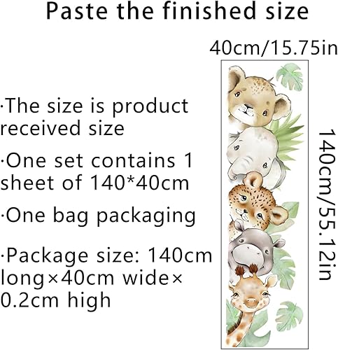 Miniatura 7 de 55.12 x 15.75 pulgadas, calcomanías de pared de animales de selva en acuarela tigre, elefante, cebra, jirafa, hipopótamo, bosque, calcomanías de