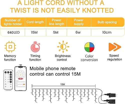 Miniatura 9 de Guirnalda de luces navideñas para exteriores, aplicación y control remoto, de color blanco cálido a multicolor, de 49 pies con 640 luces LED,