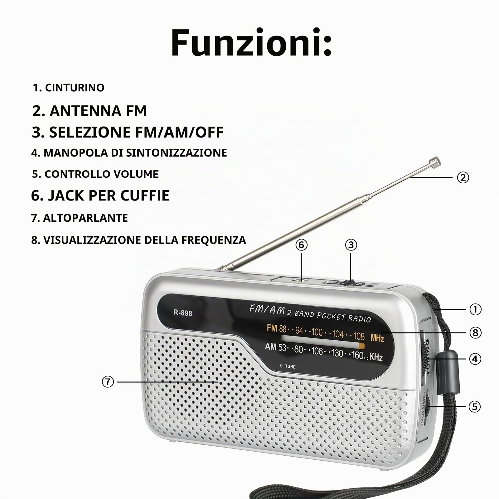Radio portatile FM transistor con altoparlante potente, funziona con 2 batterie AA, argento