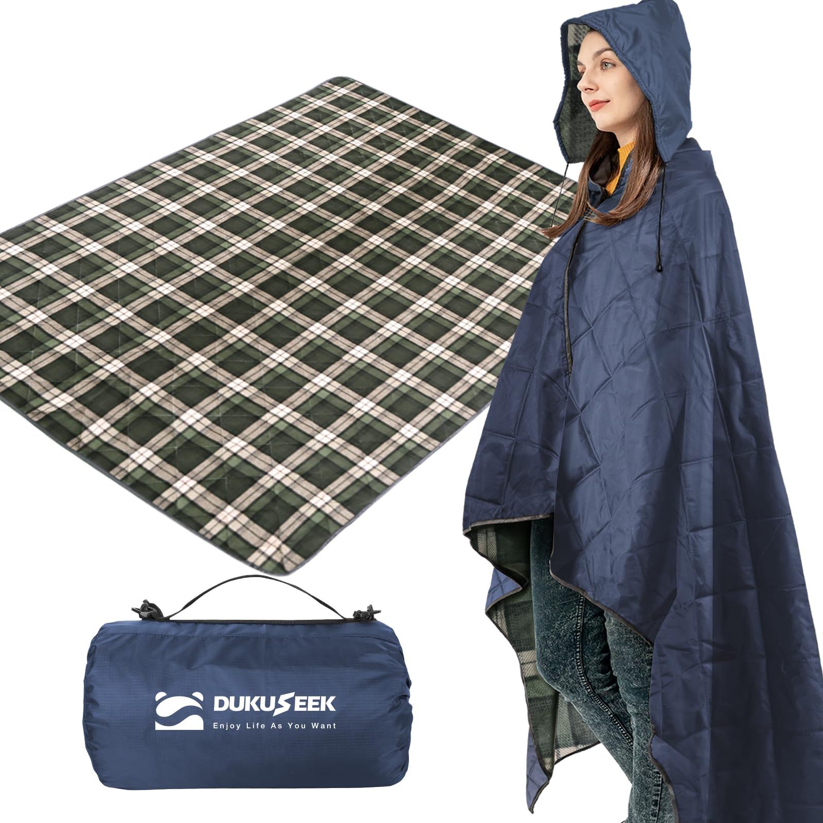 DUKUSEEK Large Outdoor Blanket, Camping Blankets for Cold Weather, Waterproof Windproof Hooded Stadium Blanket 79"x59" Quilted with Extra Thick Fleece, Great for Camping, Picnic, Beach, Car, Dogs — image 1