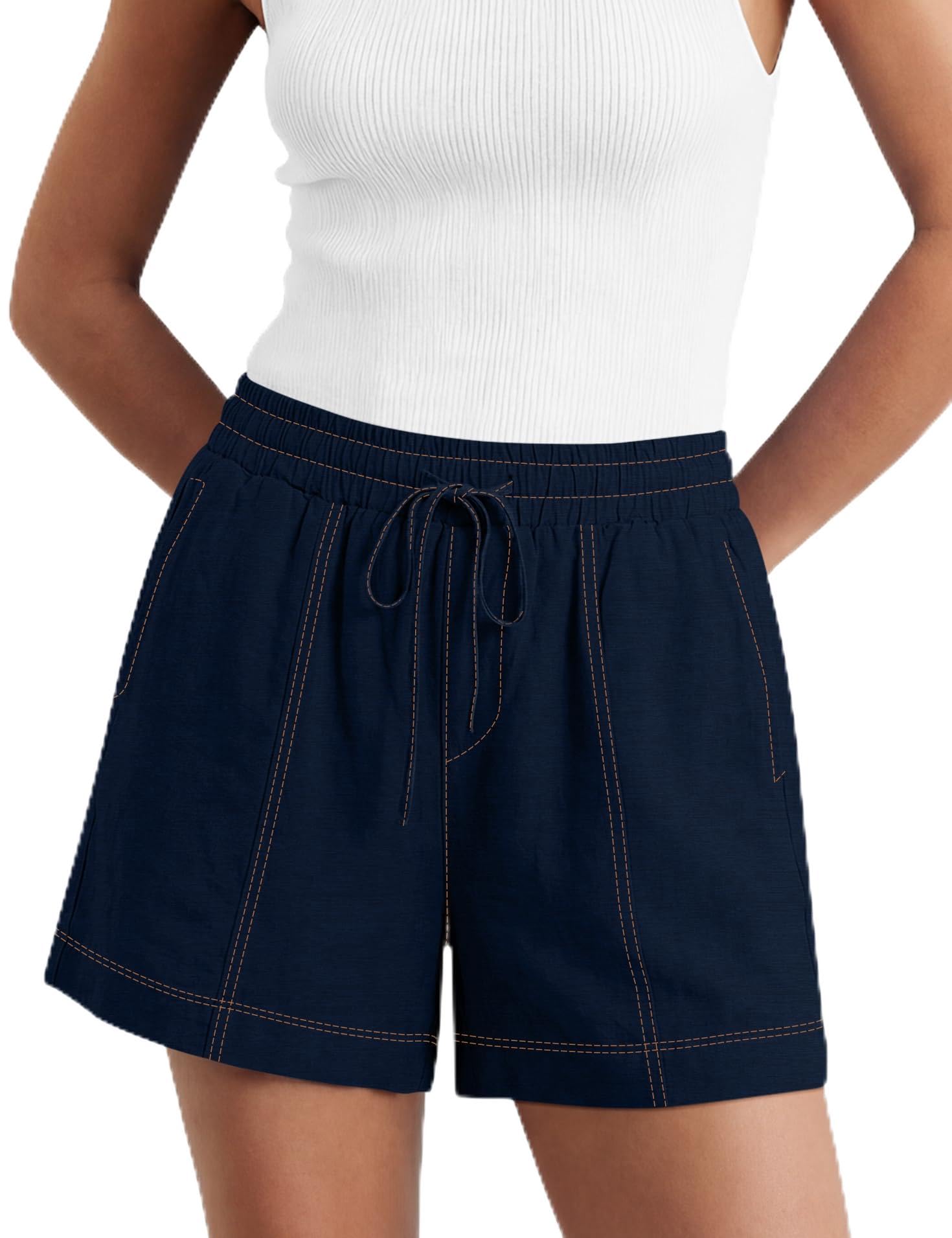 LOMON Womens Casual Linen Shorts Elastic Waisted Drawstring Summer Shorts with Pockets