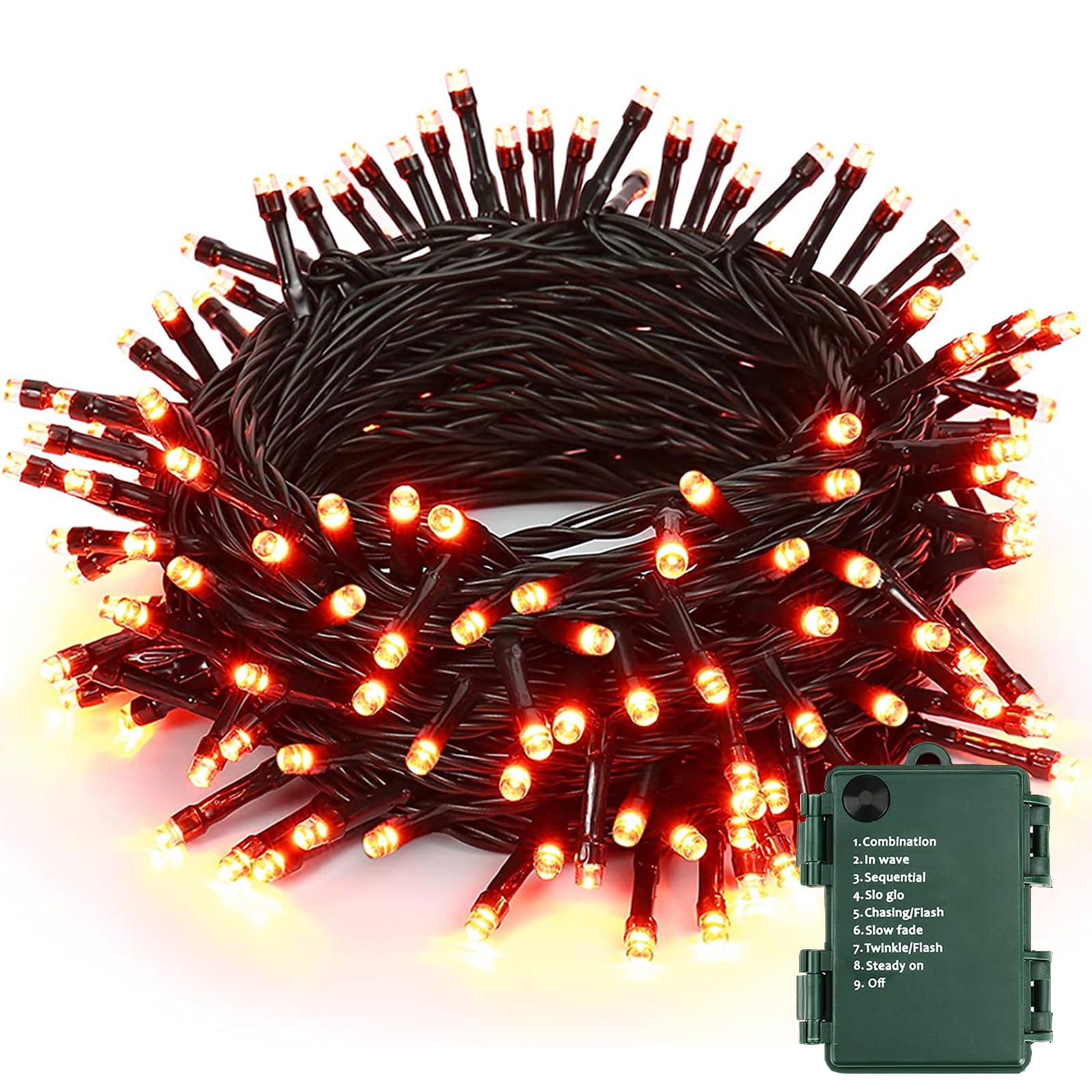 PhilzOps 20m 200 LED Orange Fairy Lights, Indoor/Outdoor, Waterproof, 8 Modes, Battery Operated, Halloween, Thanksgiving, Christmas Decoration — image 1