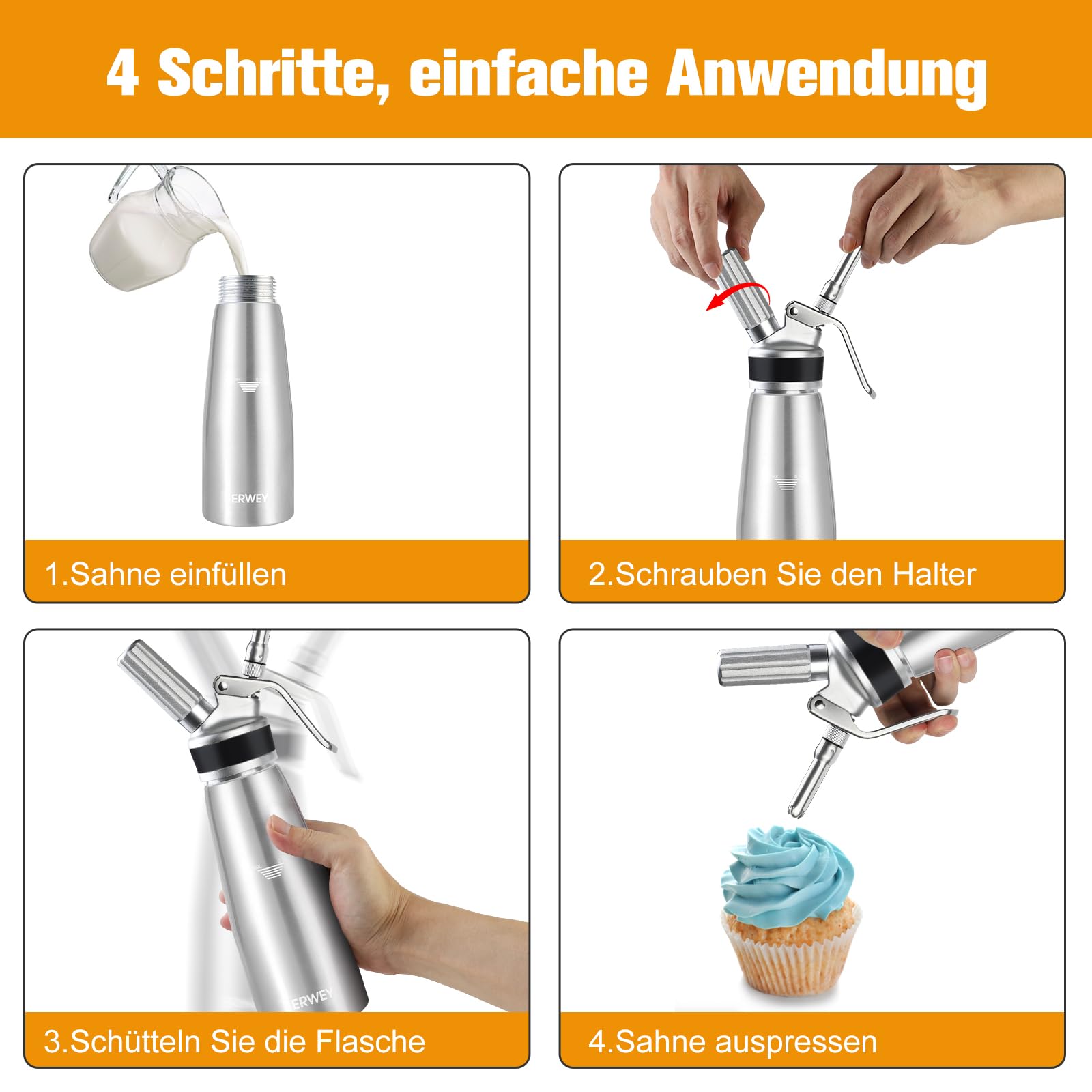 ERWEY Sifone Panna Montata 500ml, Sifone da Cucina Alluminio, Sifone Panna con 3 Ugelli e 1 Spazzola da Pulizza, Sifone per Panna Montata per Decorazione Torte e Dessert (Argento)