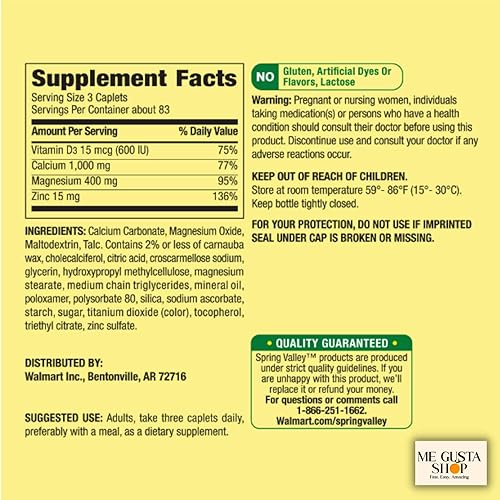 Miniatura 3 de Pack-02 Calcio, magnesio y zinc más vitamina D3 15 mg 600ui Bone, suplemento dietético de Spring Valley, 250 cápsulas con calcomanía Me Gustas