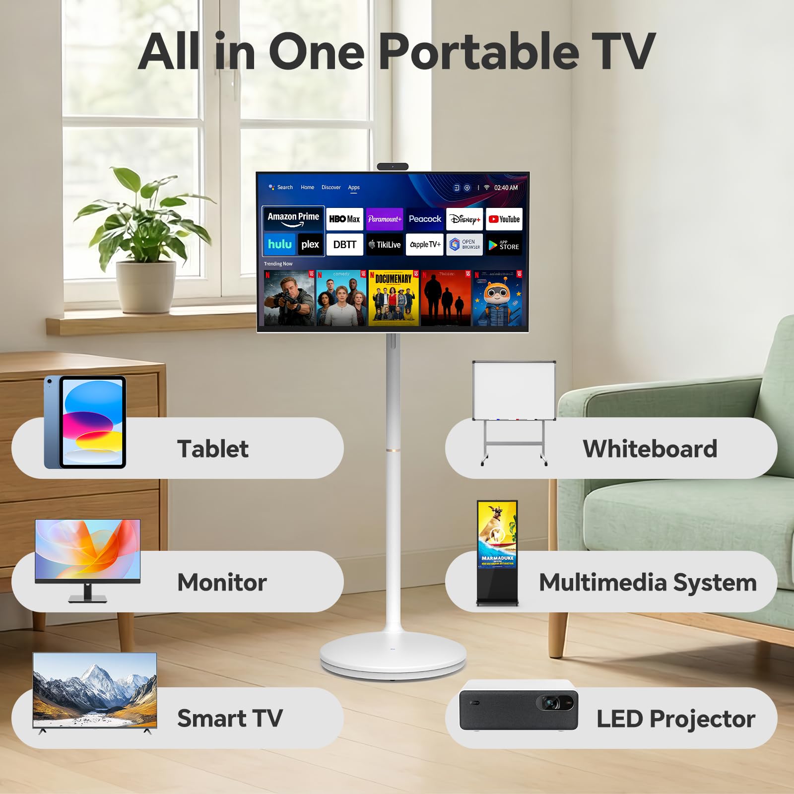 27 Inch Portable TV FHD 1080P Smart Touchscreen Monitor, Android Rolling TV with Detachable Magnetic Camera, 20W Speakers, Rechargeable Battery, Full Swivel Rotation, Built-in Voice Remote